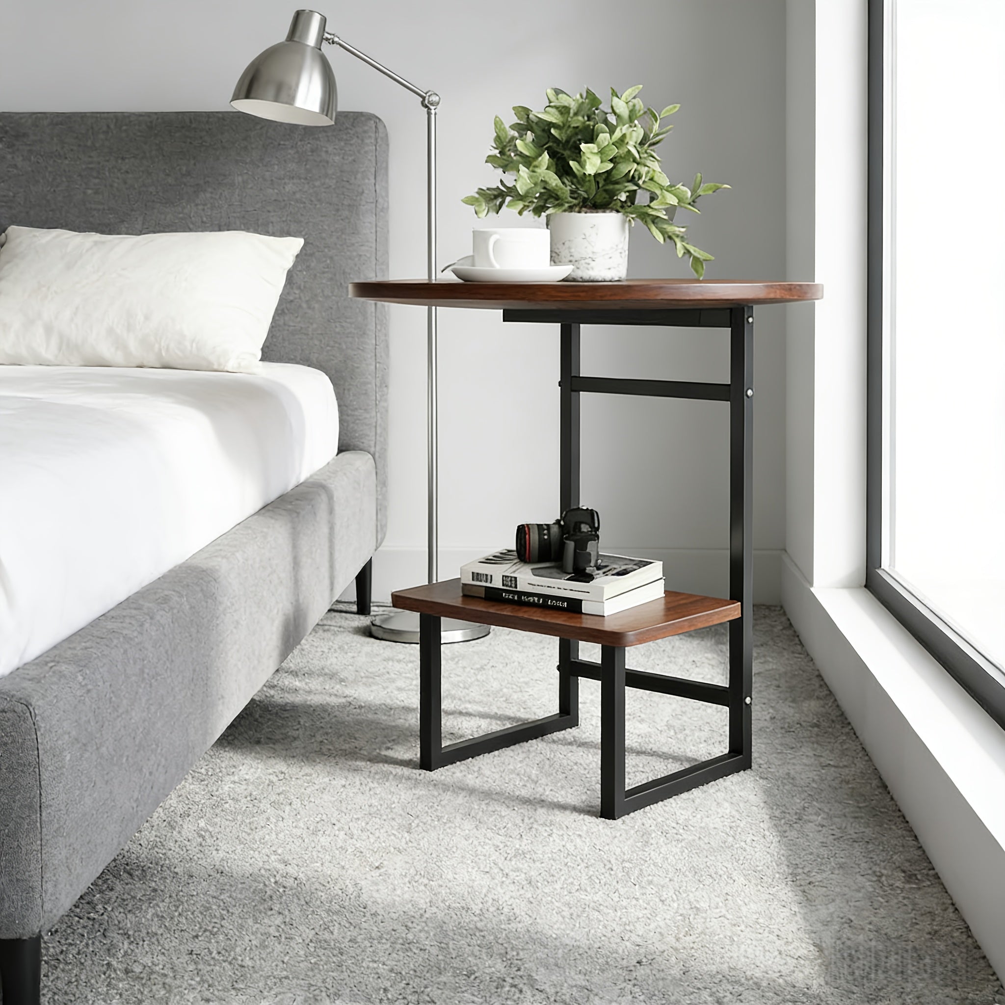 Contemporary Circular Bedside Table Featuring a Storage Shelf, with a White Marble Surface And a Black Metal Structure, Measuring 15.7 Inches in Diameter