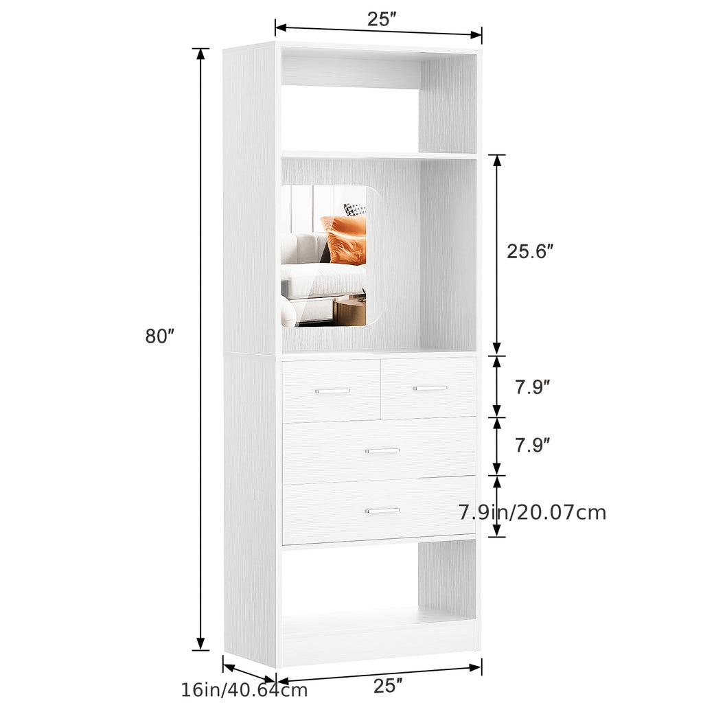 Unikito 25-Inch Wardrobe System Featuring Four Drawers, a 2-Foot Wooden Closet Organizer with Storage Shelves And a Mirror Design, a Robust Freestanding Walk-In Closet Tower for The Bedroom, Measuring 25\