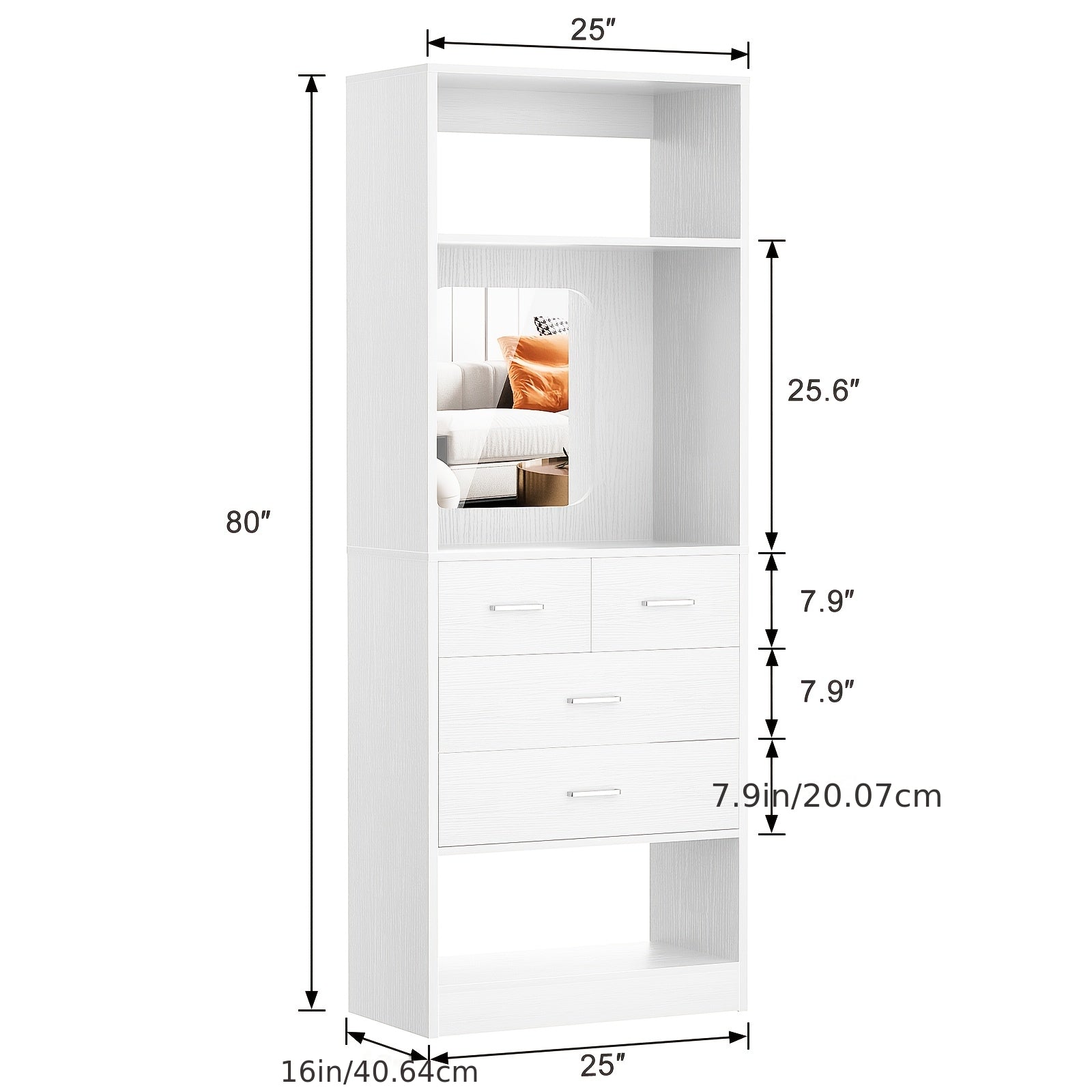Unikito 25-Inch Wardrobe System Featuring Four Drawers, a 2-Foot Wooden Closet Organizer with Storage Shelves And a Mirror Design, a Robust Freestanding Walk-In Closet Tower for The Bedroom, Measuring 25\