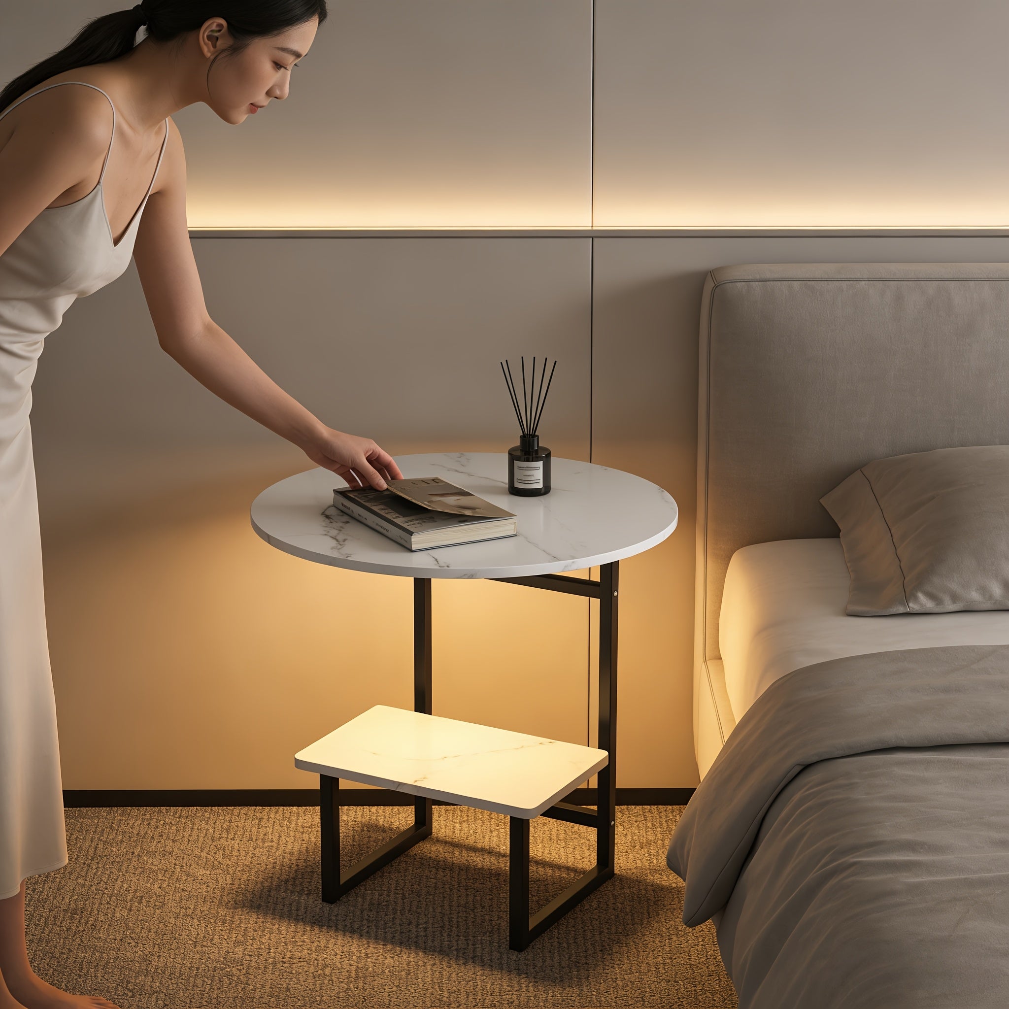 Contemporary Circular Bedside Table Featuring a Storage Shelf, with a White Marble Surface And a Black Metal Structure, Measuring 15.7 Inches in Diameter