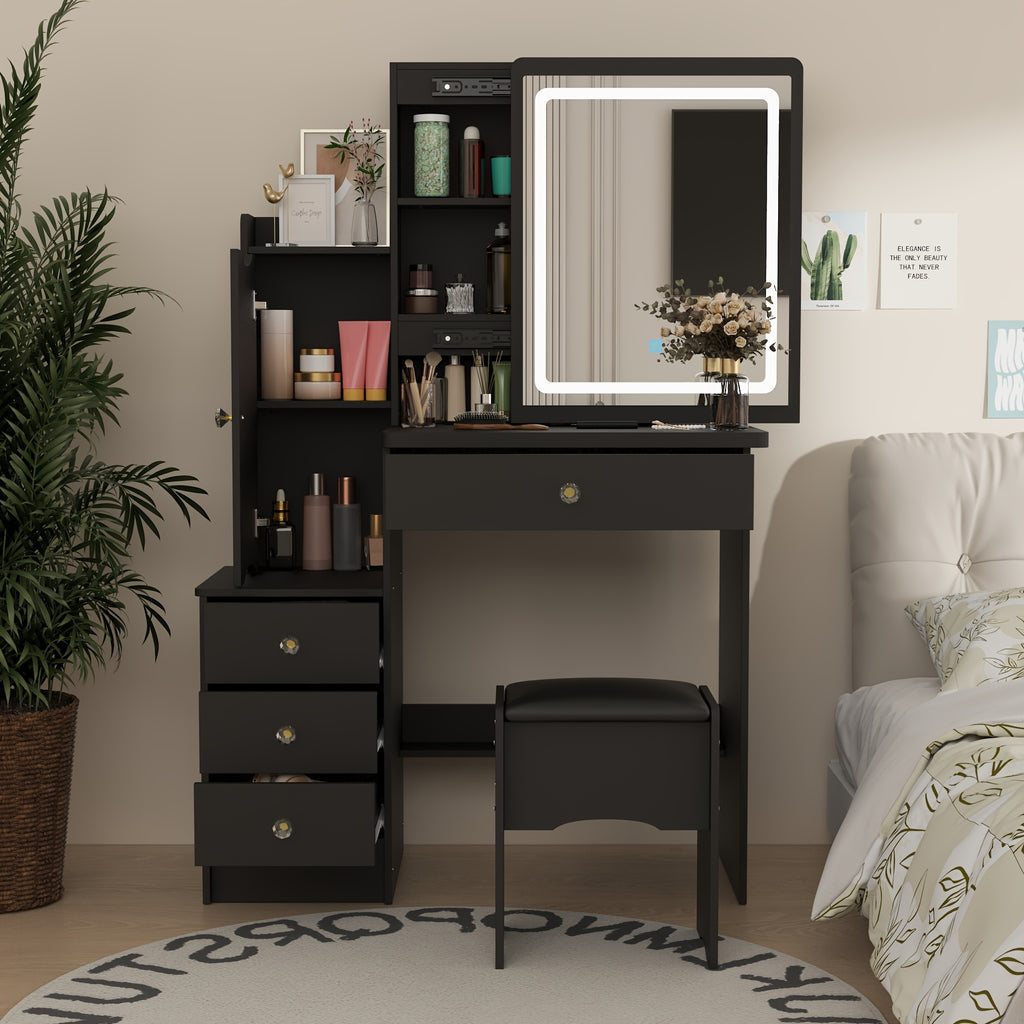 Modern Makeup Vanity Set with Mirror, 4 Drawers & Stool | Spacious Dressing Table with Hidden Storage Shelves, 52.4\