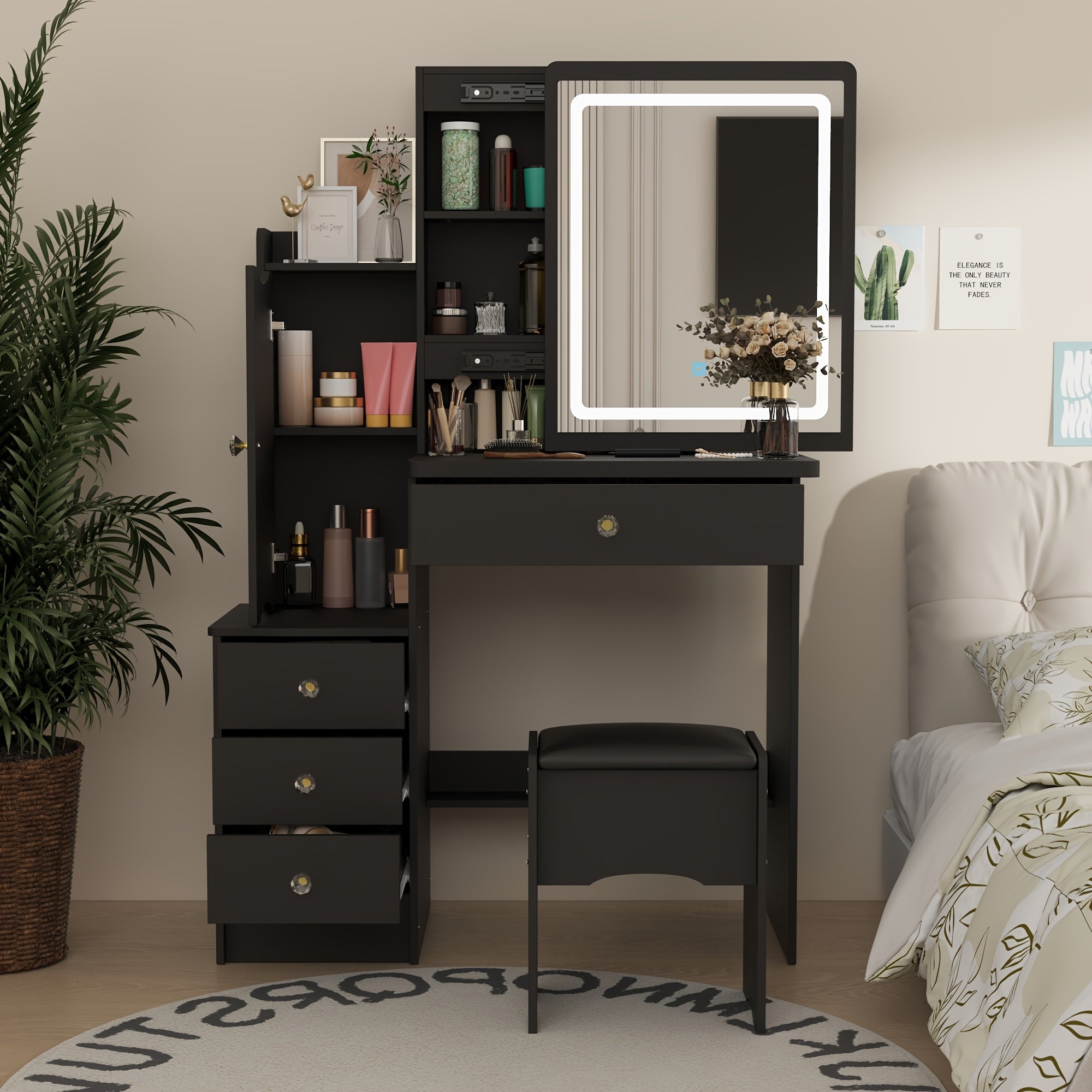 Modern Makeup Vanity Set with Mirror, 4 Drawers & Stool | Spacious Dressing Table with Hidden Storage Shelves, 52.4\