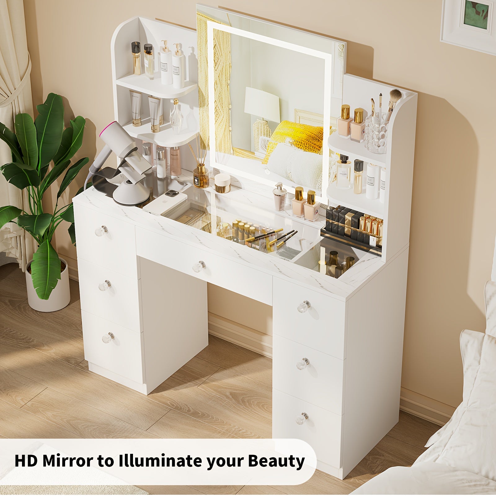 Glass Top Makeup Vanity with Large Lighted Mirror And Charging Station, 3 Lighting Modes And Adjustable Brightness, Vanity Table with 7 Drawers And 6 Open Shelves, White, Black