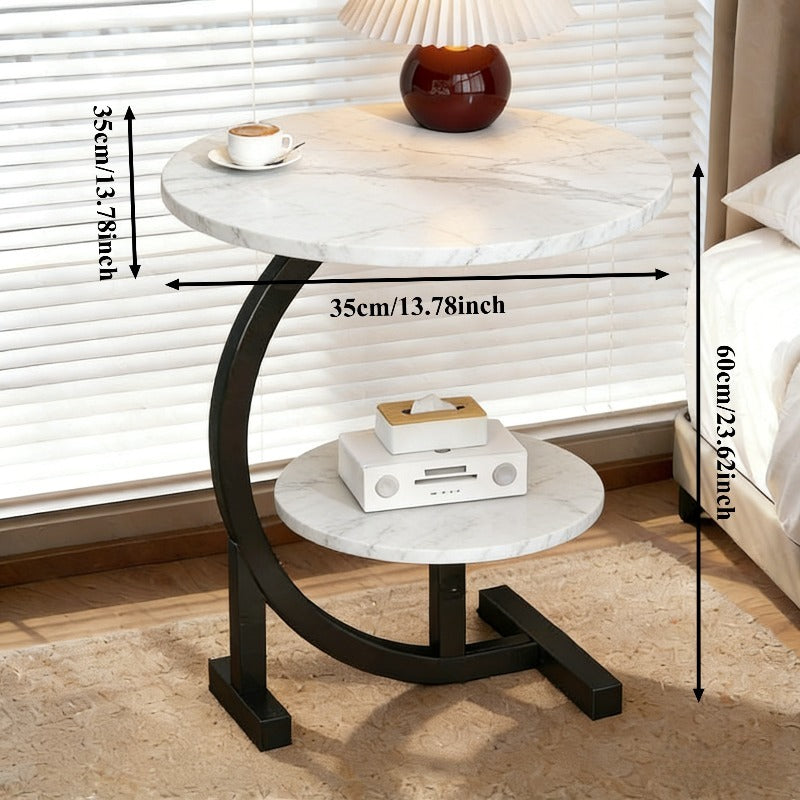 Modern Minimalist Wrought-iron Wooden Side Table with Marble Top. Space-saving Sofa\u002Fnightstand with Storage. Features Metal Frame and Crescent Base Design, Compact and Portable, Easy to Assemble. Ideal for Small Apartments, Living Rooms, Bedrooms.
