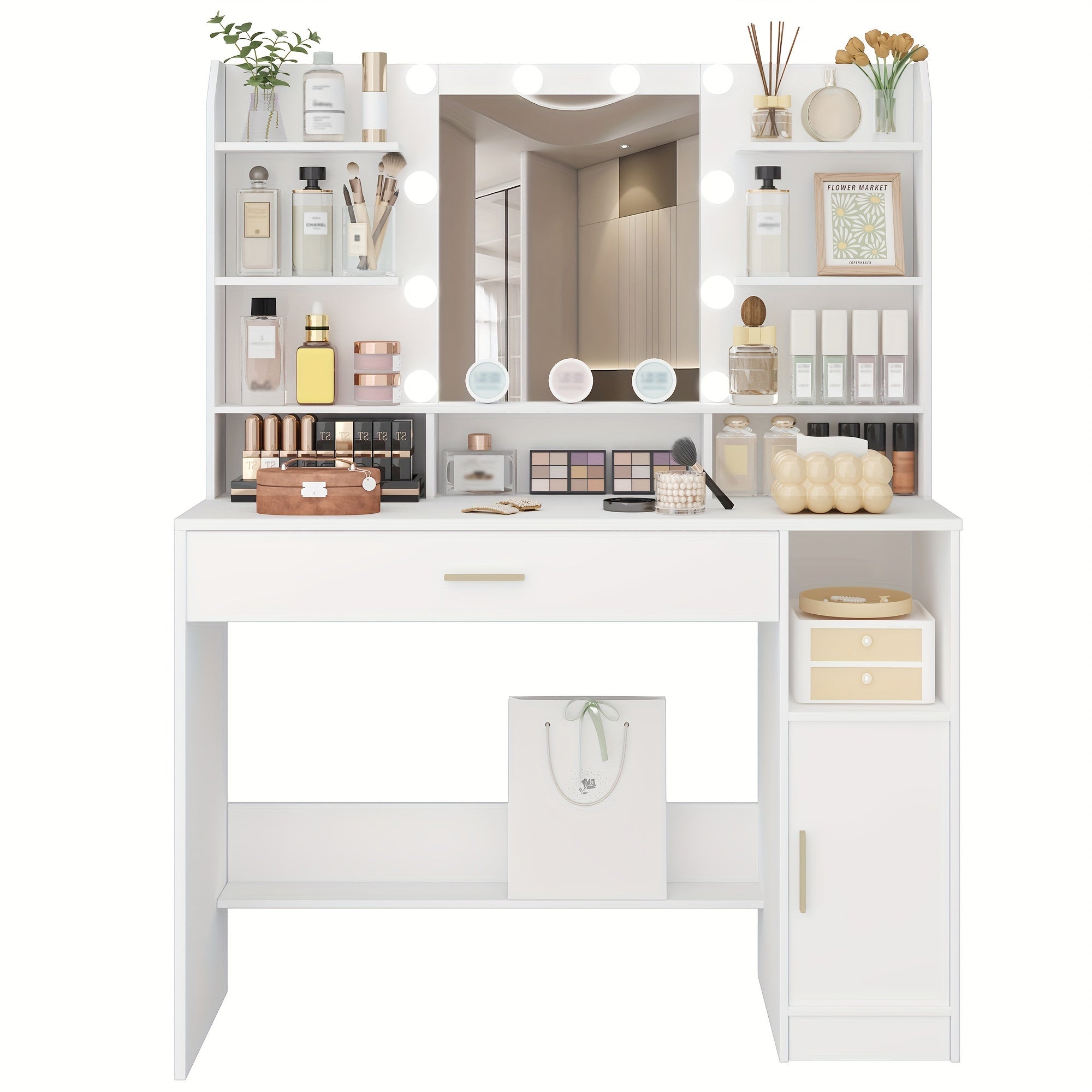 Vanity with Mirror and 10 LED Lights, 3-Level Adjustable Brightness, Dressing Table with Hidden & Open Shelves, Makeup Desk with Oversized Drawer Cabinet in White