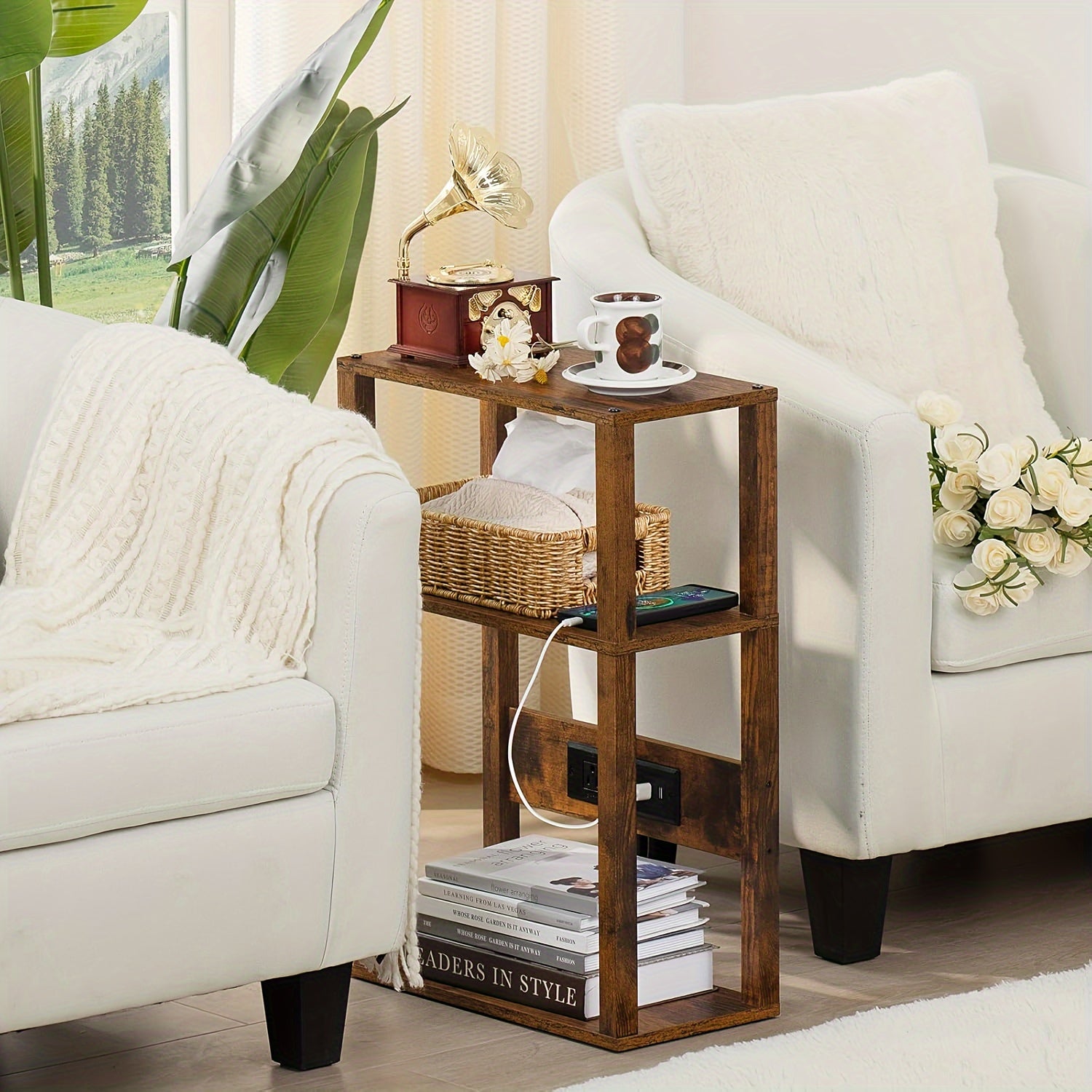 3-Tier Small Narrow Wood Side Table With Charging Station, Skinny Nightstand For Small Space, Slim Bedside Table With Storage For Couch, Thin End Table With USB Ports And Outlets, Rustic Brown