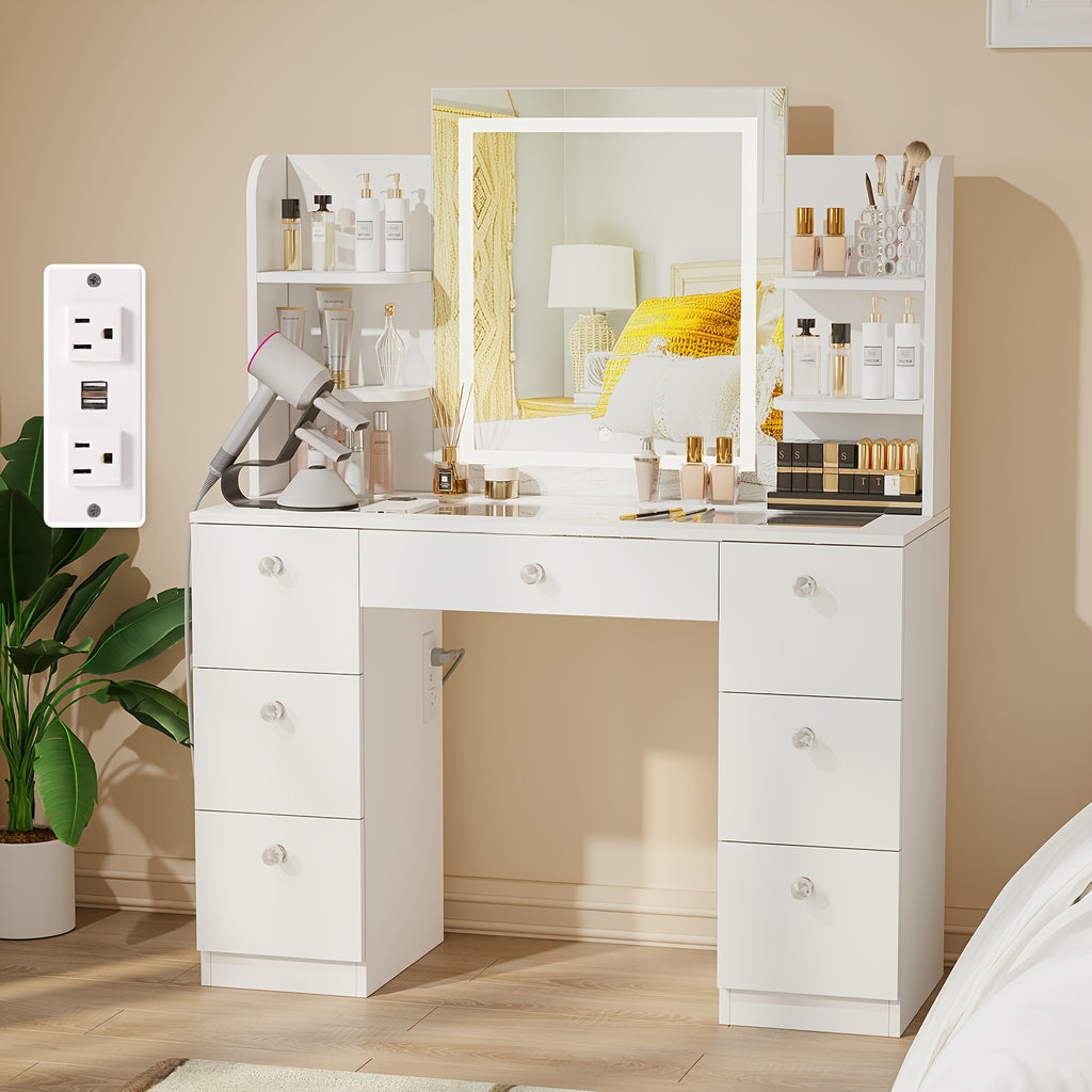 Glass Top Makeup Vanity with Large Lighted Mirror And Charging Station, 3 Lighting Modes And Adjustable Brightness, Vanity Table with 7 Drawers And 6 Open Shelves, White, Black