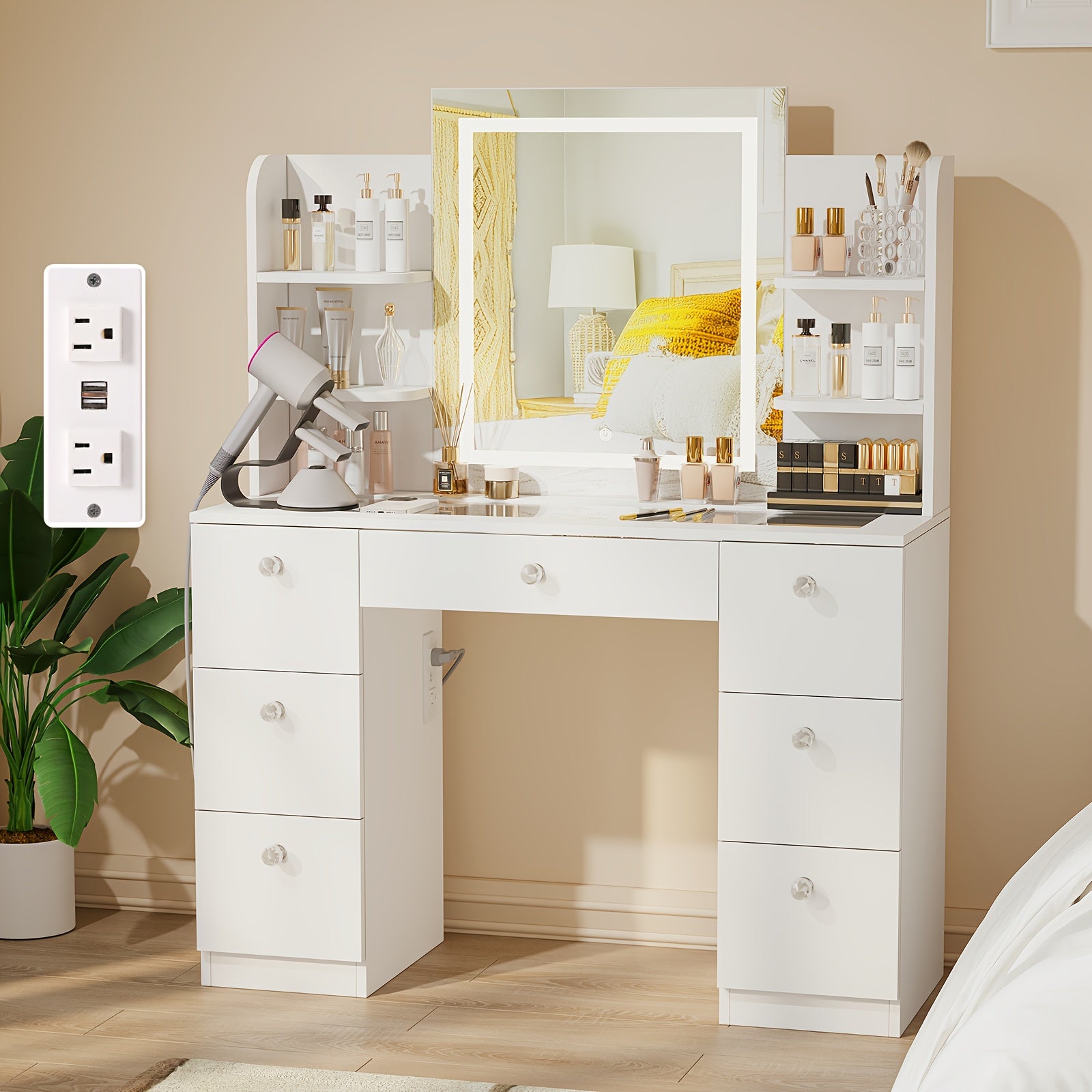 Glass Top Makeup Vanity with Large Lighted Mirror And Charging Station, 3 Lighting Modes And Adjustable Brightness, Vanity Table with 7 Drawers And 6 Open Shelves, White, Black