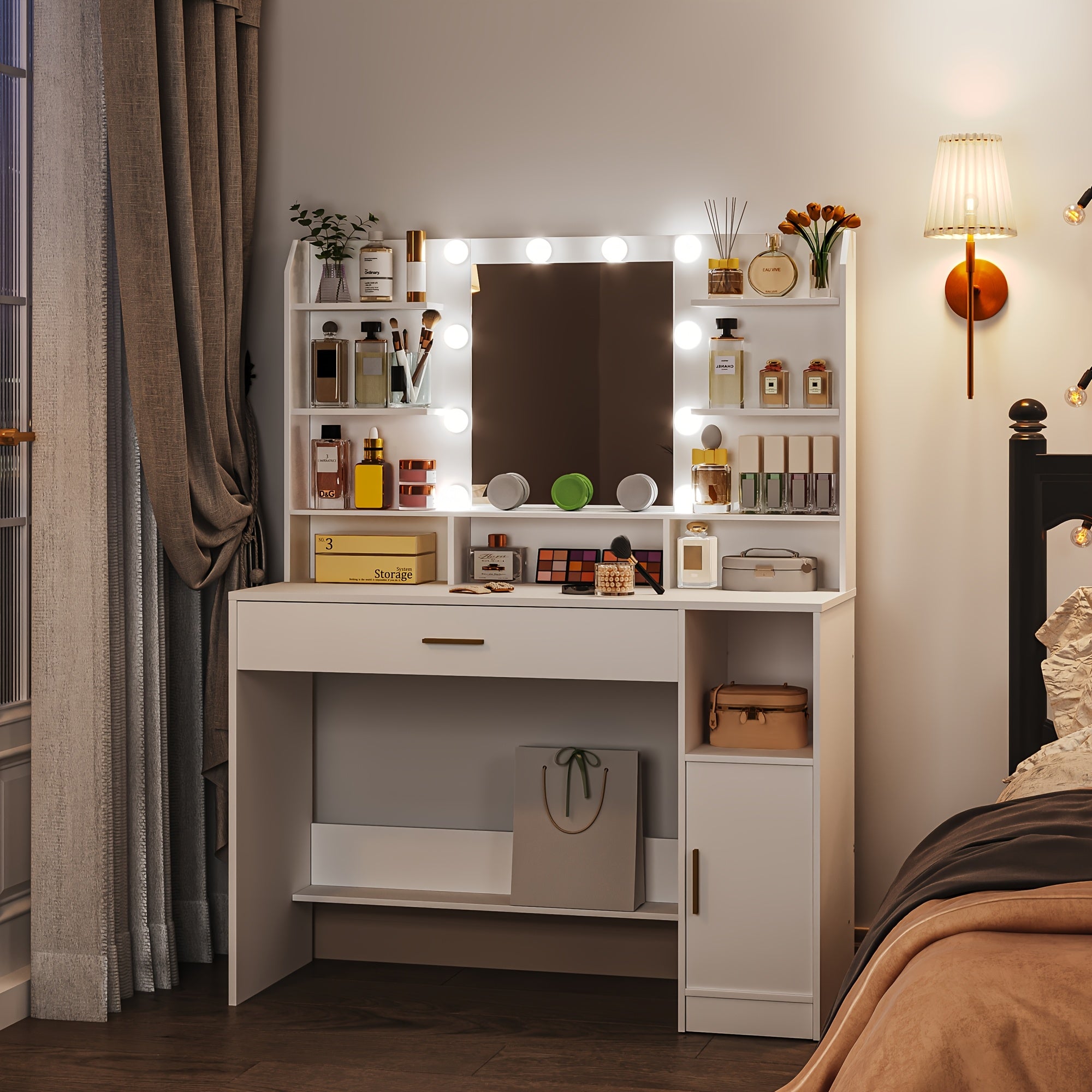 Vanity with Mirror and 10 LED Lights, 3-Level Adjustable Brightness, Dressing Table with Hidden & Open Shelves, Makeup Desk with Oversized Drawer Cabinet in White