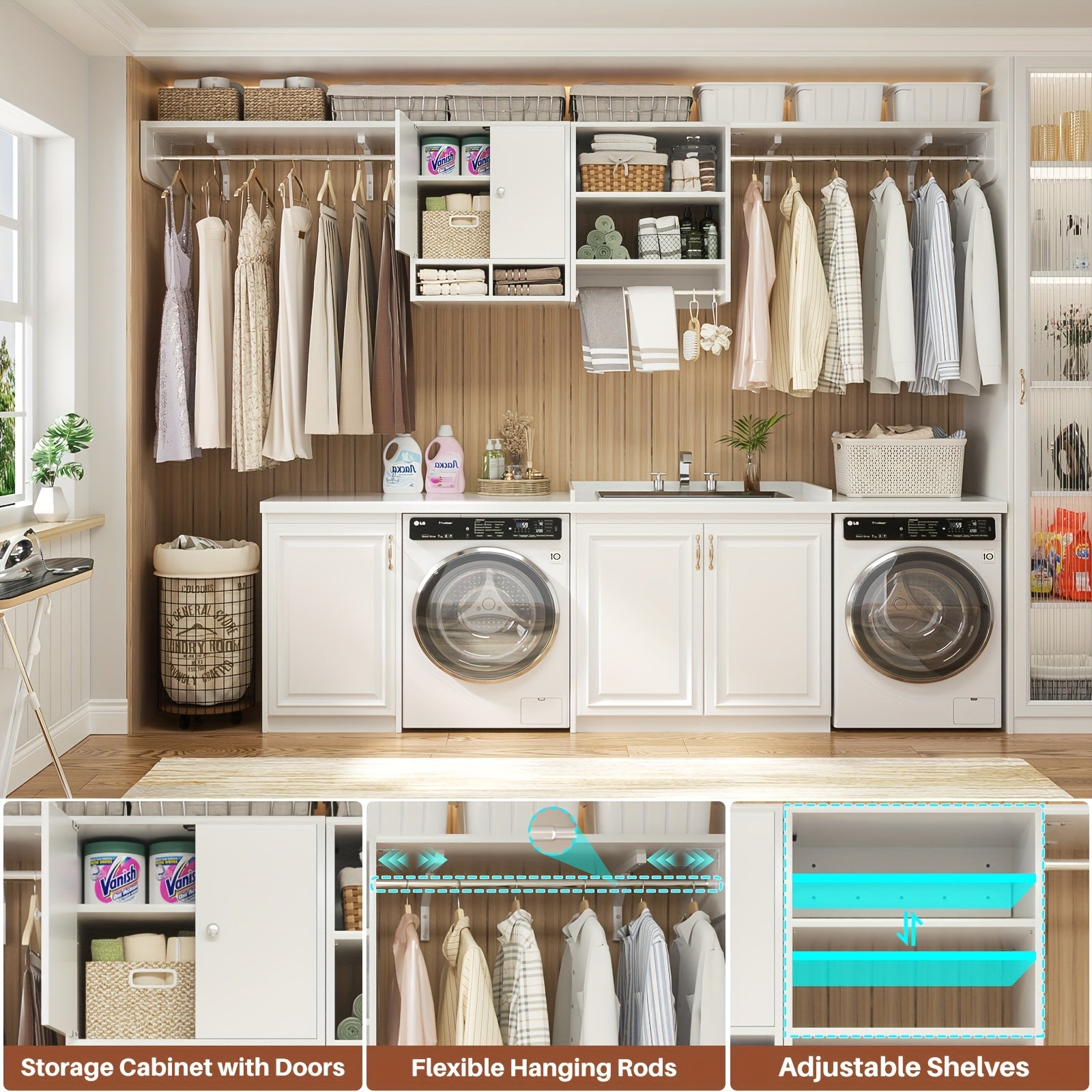 Unikito Wood Closet System with 3 Hanging Rods, 5-10ft Closet Organizer System with Wooden Cabinet & Cube Storage Organizer, Up to 118\