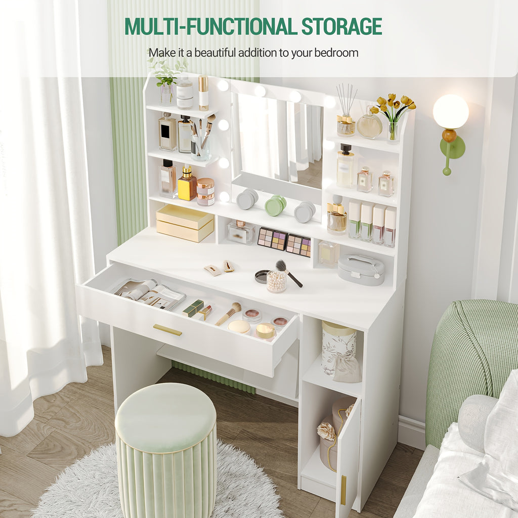 Vanity with Mirror and 10 LED Lights, 3-Level Adjustable Brightness, Dressing Table with Hidden & Open Shelves, Makeup Desk with Oversized Drawer Cabinet in White