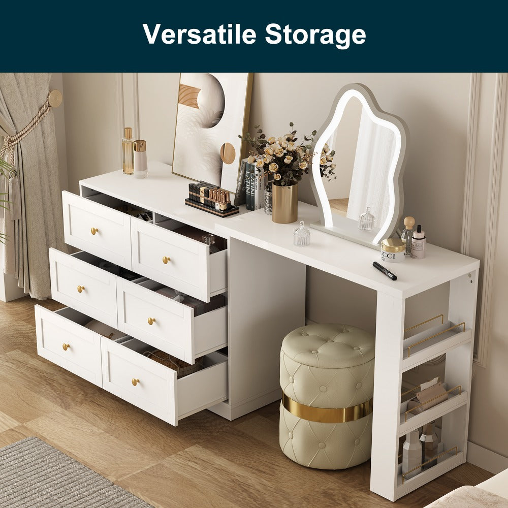 Royalcraft 6-Drawer Expandable Corner Vanity Table And Dresser Set with 3 Side Shelves, Makeup Vanity Desk, Wooden Dressing Table for Bedroom And Dressing Room