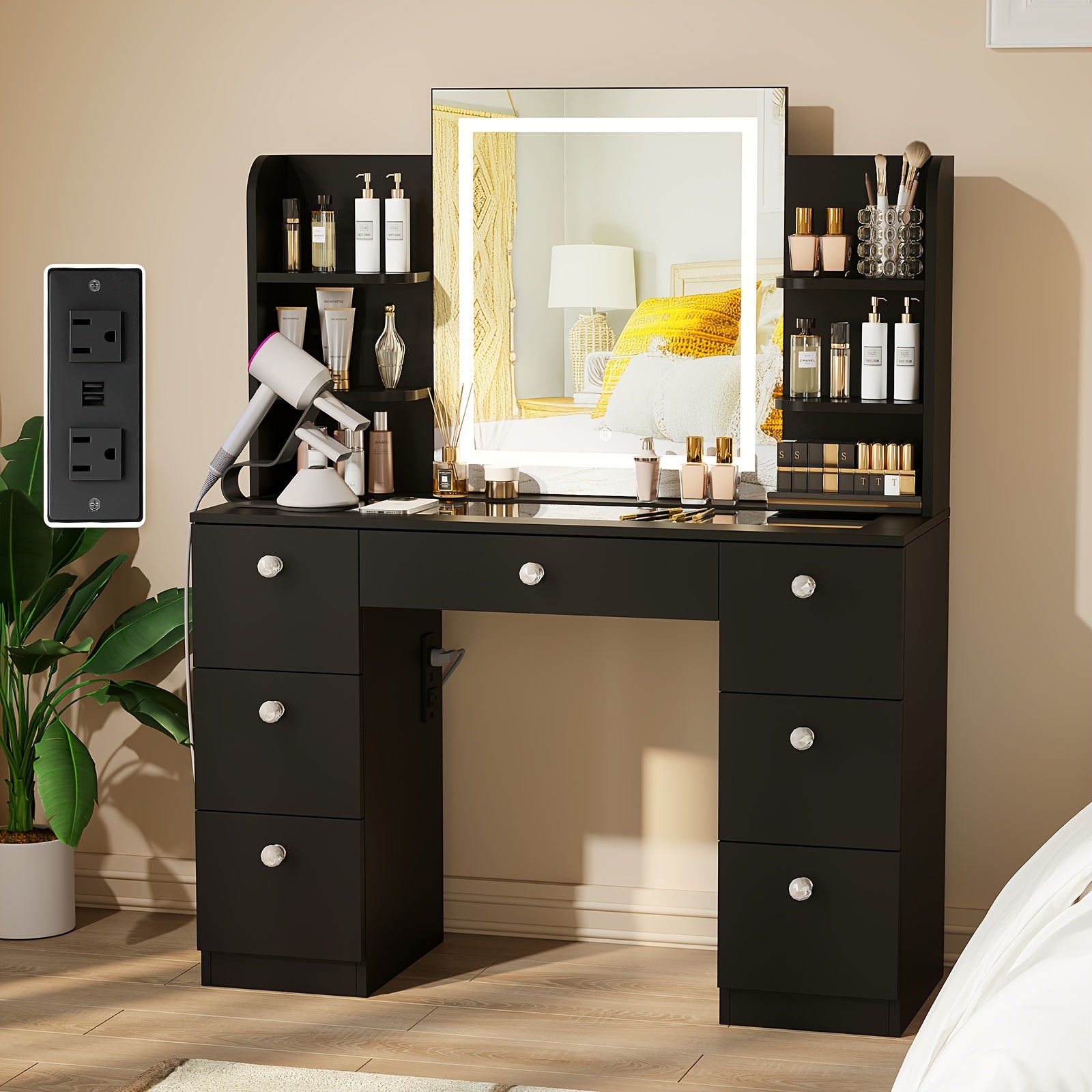 Glass Top Makeup Vanity with Large Lighted Mirror And Charging Station, 3 Lighting Modes And Adjustable Brightness, Vanity Table with 7 Drawers And 6 Open Shelves, White, Black