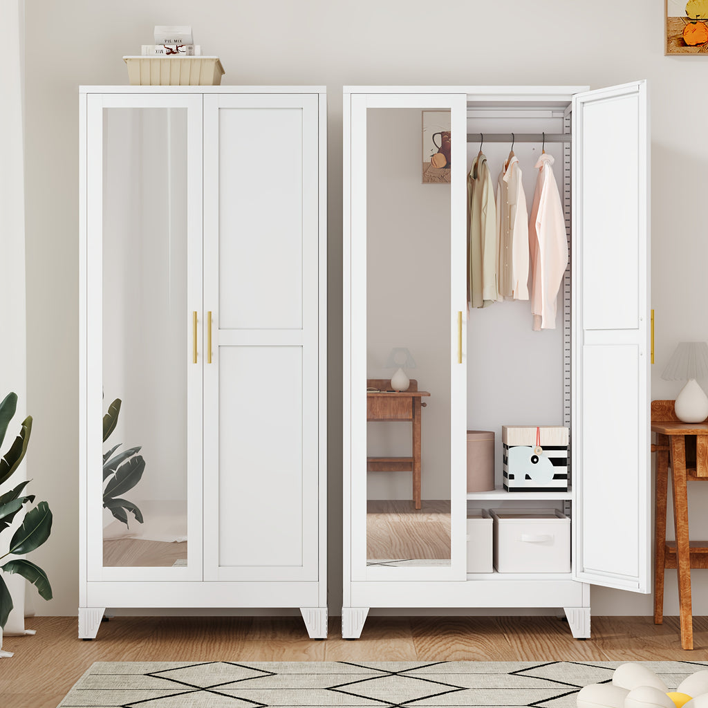 70.86-Inch Tall Mirror Wardrobe Featuring Adjustable Shelves And Storage Cabinets for Hanging Clothes, Ideal for Bedrooms, Laundry Areas, And Entryways.
