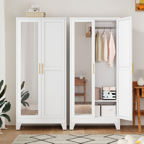 70.86-Inch Tall Mirror Wardrobe Featuring Adjustable Shelves And Storage Cabinets for Hanging Clothes, Ideal for Bedrooms, Laundry Areas, And Entryways.