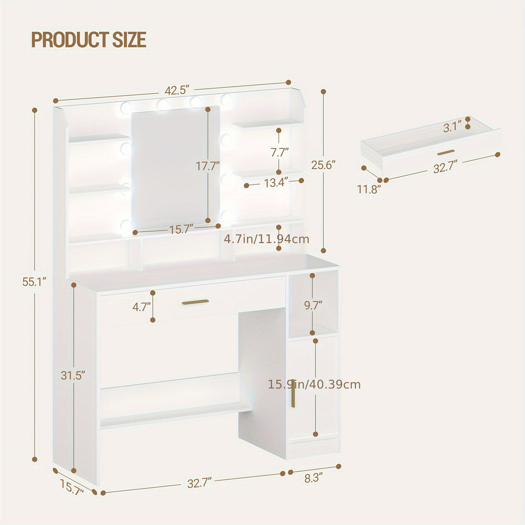 Vanity with Mirror and 10 LED Lights, 3-Level Adjustable Brightness, Dressing Table with Hidden & Open Shelves, Makeup Desk with Oversized Drawer Cabinet in White