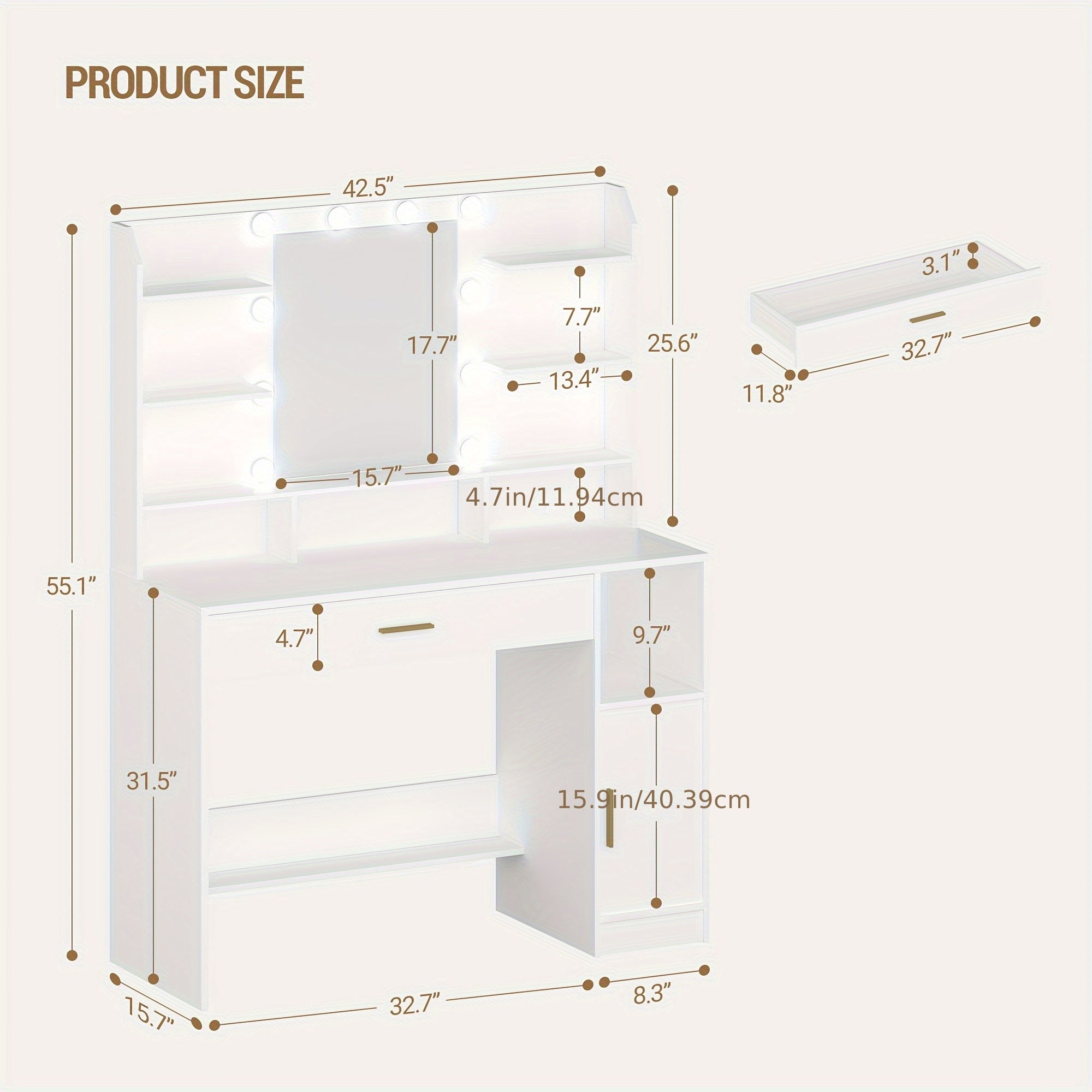Vanity with Mirror and 10 LED Lights, 3-Level Adjustable Brightness, Dressing Table with Hidden & Open Shelves, Makeup Desk with Oversized Drawer Cabinet in White