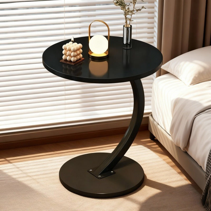Modern Minimalist Wrought-iron Wooden Side Table with Marble Top. Space-saving Sofa\u002Fnightstand with Storage. Features Metal Frame and Crescent Base Design, Compact and Portable, Easy to Assemble. Ideal for Small Apartments, Living Rooms, Bedrooms.