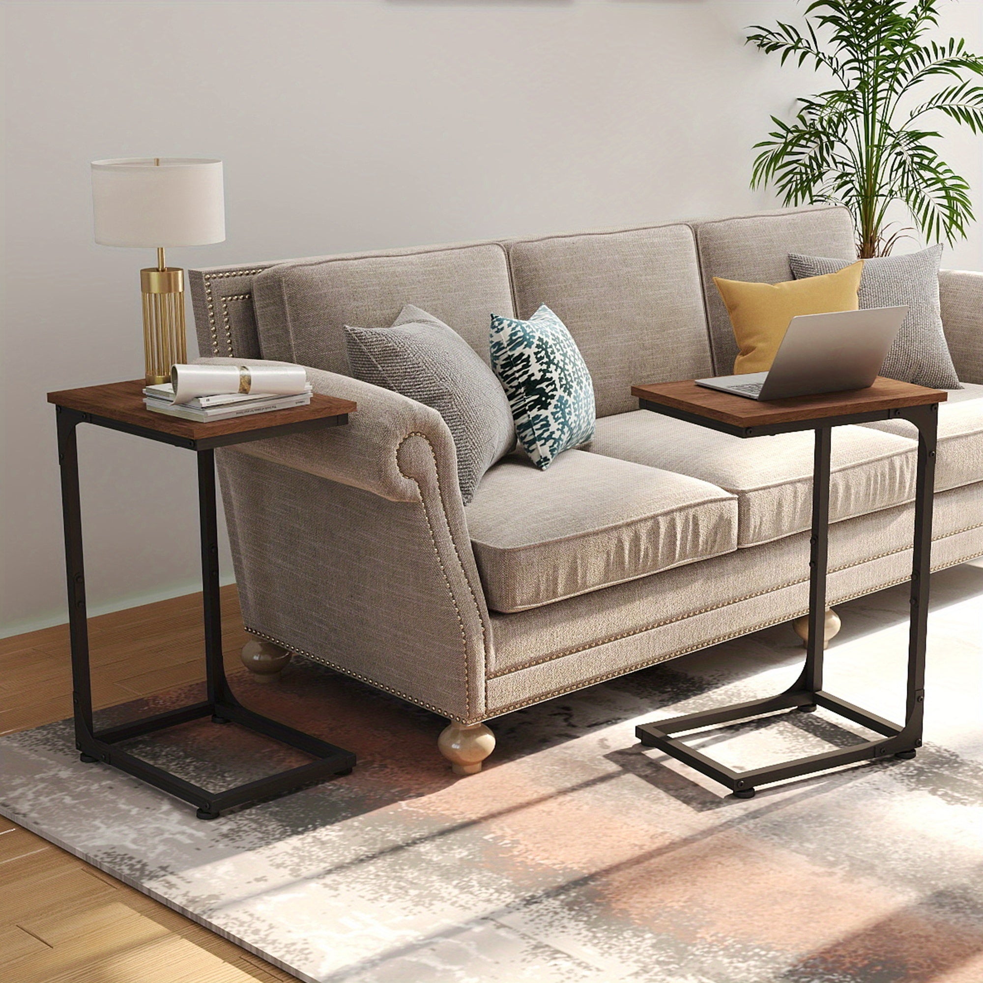 C-Shaped Side Tables, 132LBS Capacity, Rustic C-Shaped End Tables Or Under Sofa Convenience Tables for Living Room, Den, Or Bedside, Living Room Table