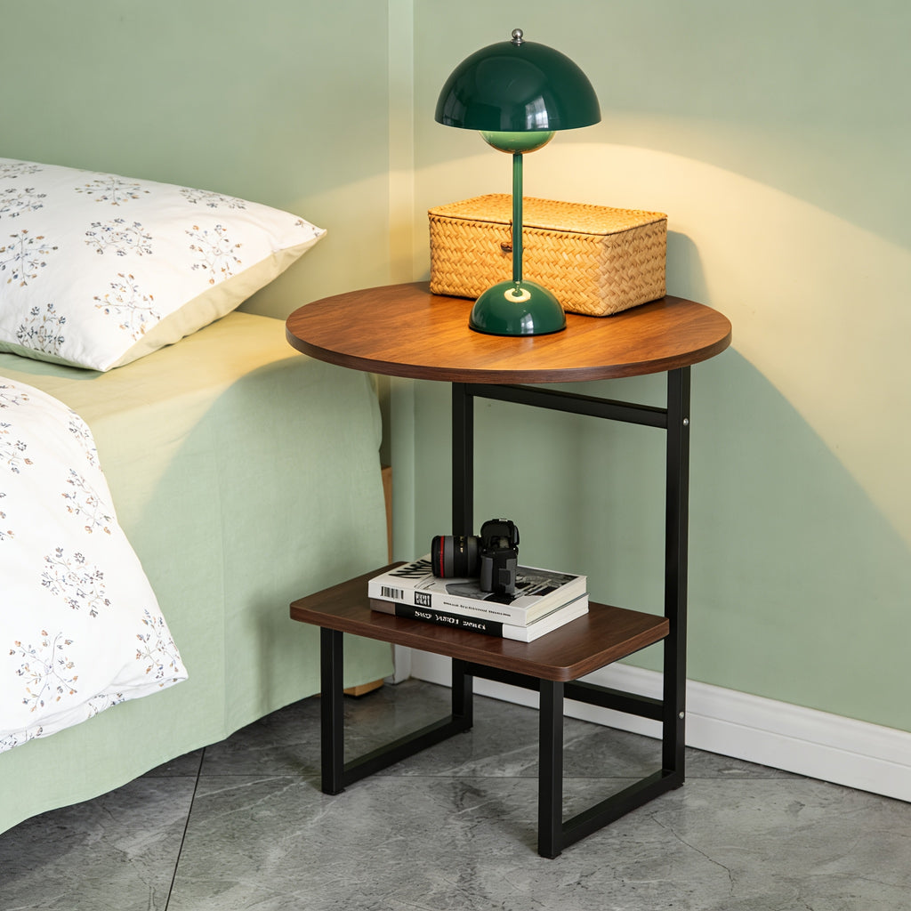 Contemporary Circular Bedside Table Featuring a Storage Shelf, with a White Marble Surface And a Black Metal Structure, Measuring 15.7 Inches in Diameter
