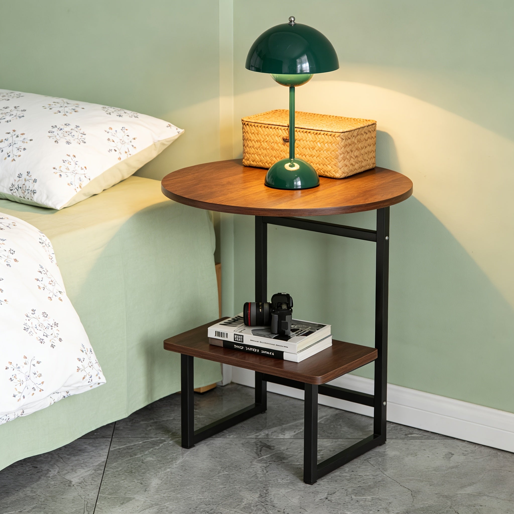 Contemporary Circular Bedside Table Featuring a Storage Shelf, with a White Marble Surface And a Black Metal Structure, Measuring 15.7 Inches in Diameter