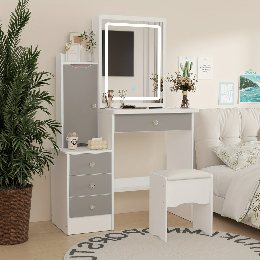 Modern Makeup Vanity Set with Mirror, 4 Drawers & Stool | Spacious Dressing Table with Hidden Storage Shelves, 52.4\