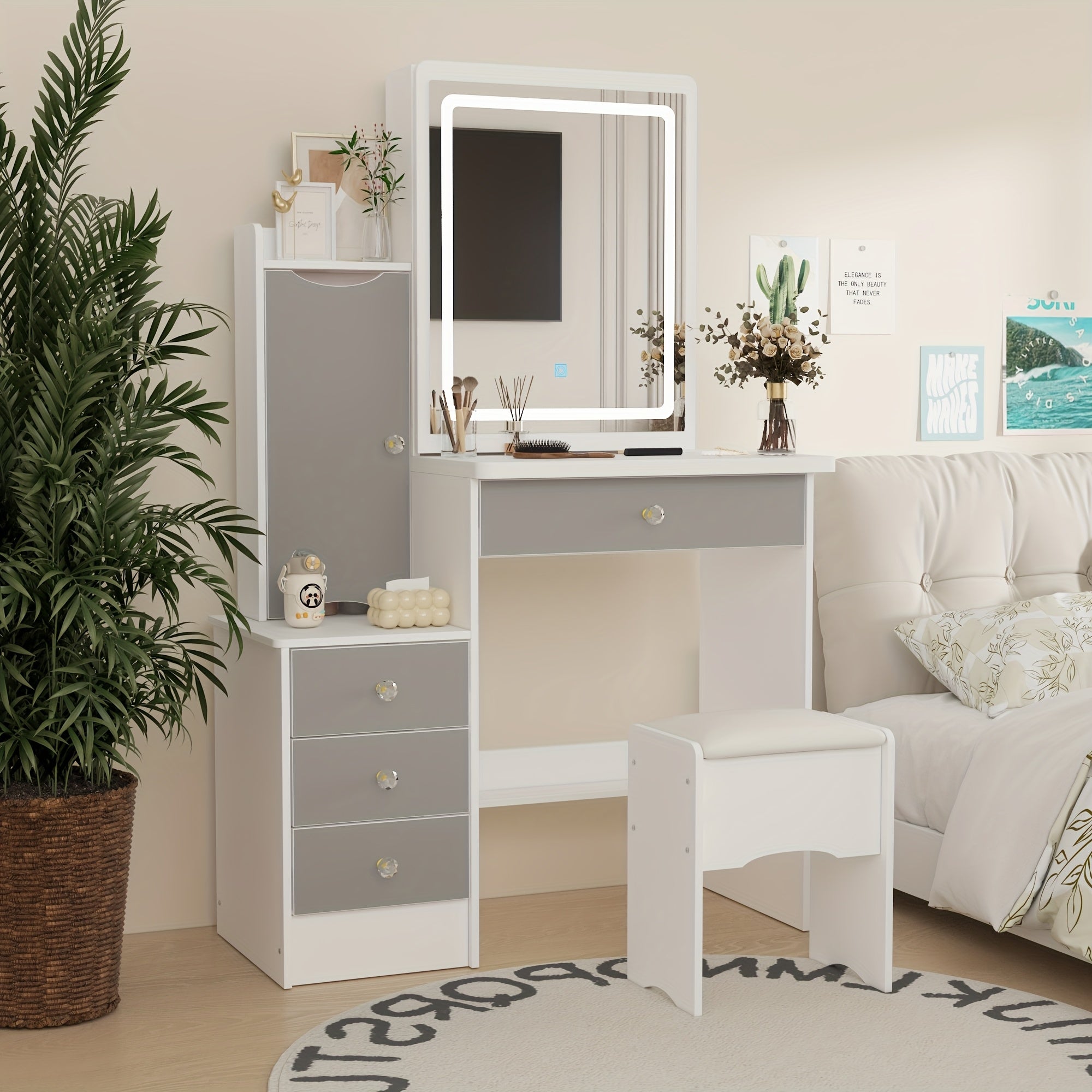 Modern Makeup Vanity Set with Mirror, 4 Drawers & Stool | Spacious Dressing Table with Hidden Storage Shelves, 52.4\