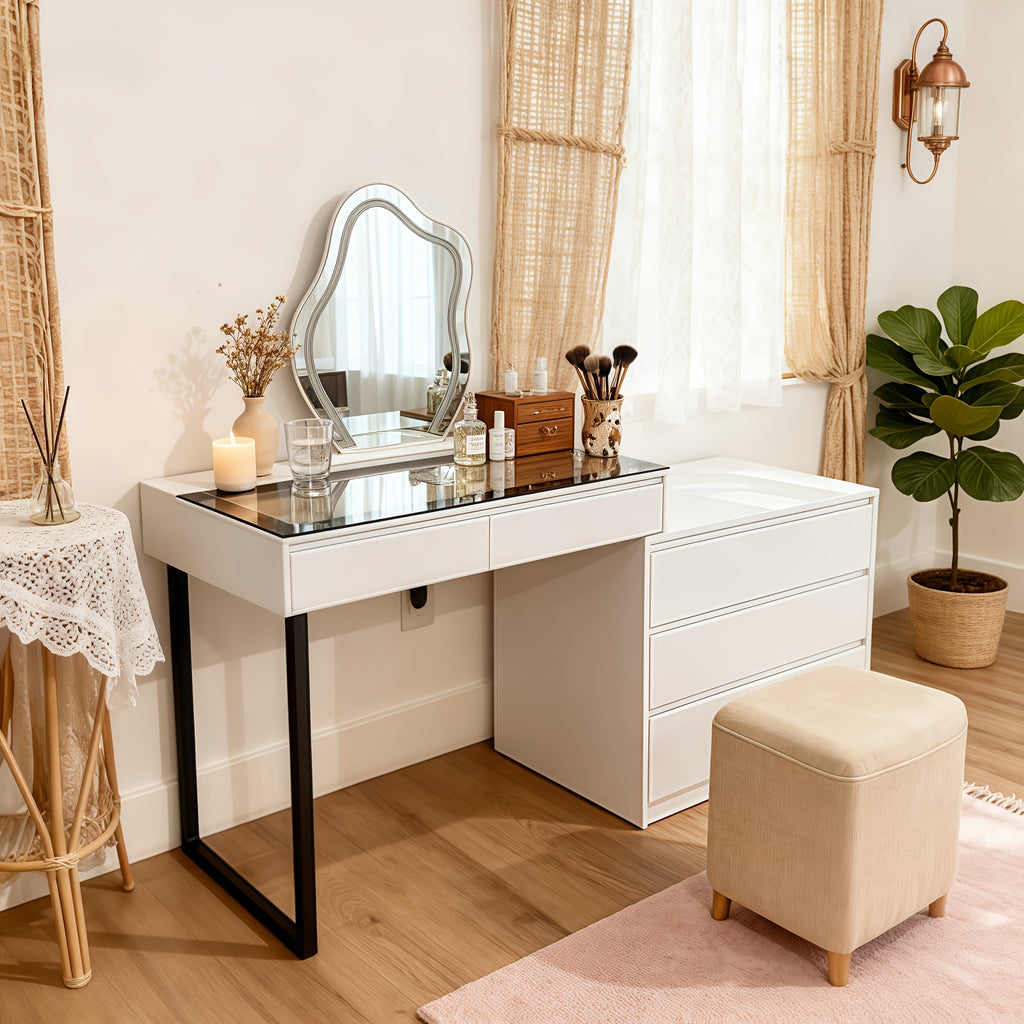 1pc Corner Vanity Table with Mirror And LED Lights - Farmhouse Style Makeup Dressing Table with Glass Top And 5 Drawers - Modern Vanity Desk with 3 Lighting Modes, White