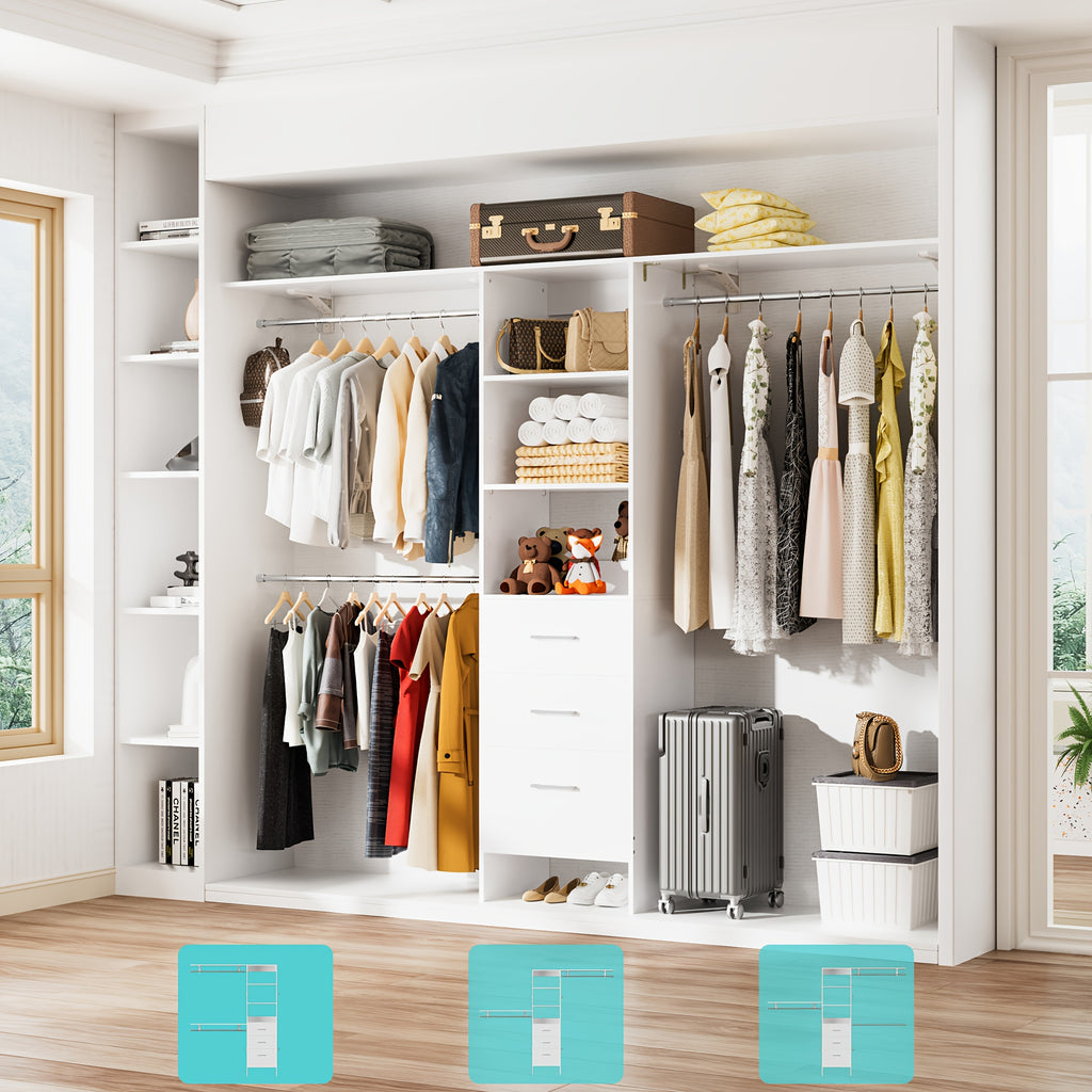 Closet System with Drawers, 8ft Walk In Closets Organizer with 3 Shelving Towers, 96\
