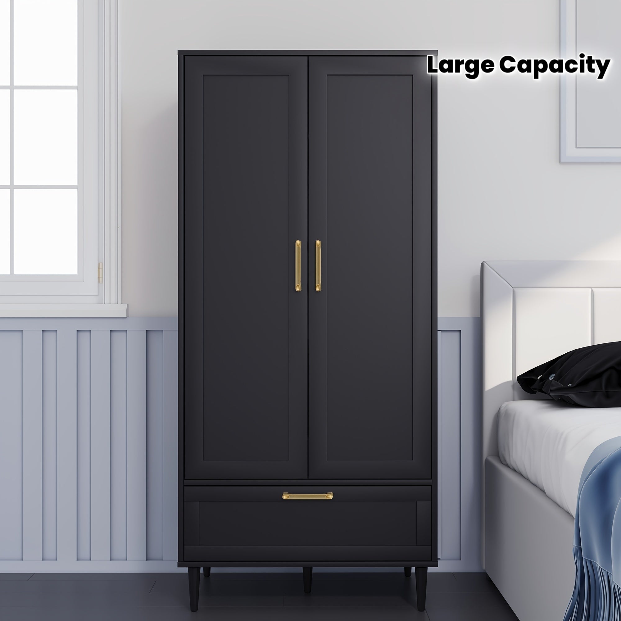 Modern Freestanding Wardrobe With Drawers, Double Doors, 60-Inch Large Capacity Storage Cabinet With Hanging Rod, Ideal For Bedroom Home Organization