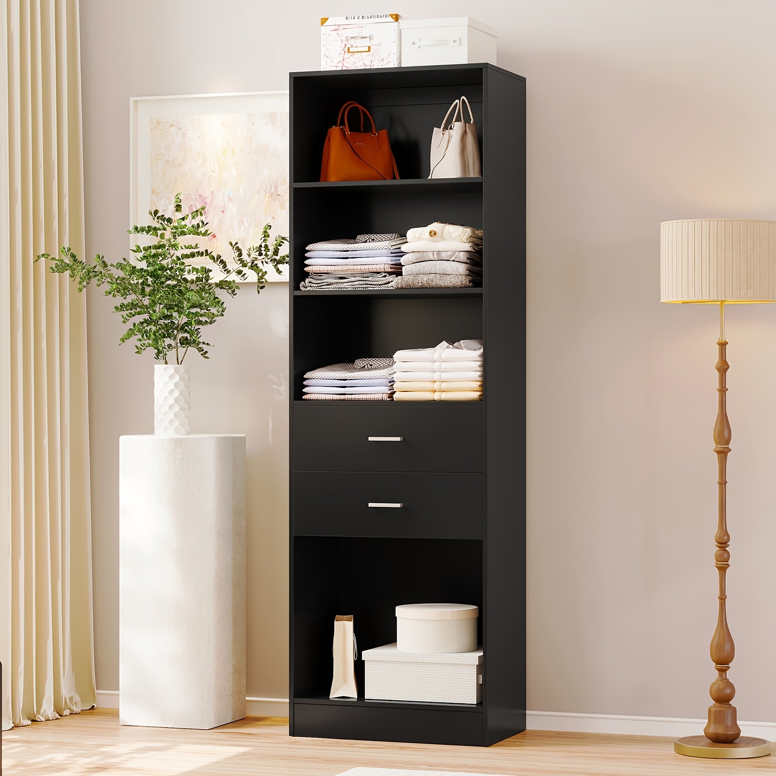 Modern Modular Closet System with Drawers, Hanging Rods & Shelves - MDF\u002FFiberboard Wardrobe Organizer Suitable for Entry, Bedroom, Living Room, Tall Storage Cabinet Unit with Hanging Space, Shelves & -Standing, Assembly