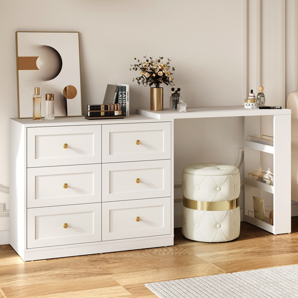 Royalcraft 6-Drawer Expandable Corner Vanity Table And Dresser Set with 3 Side Shelves, Makeup Vanity Desk, Wooden Dressing Table for Bedroom And Dressing Room