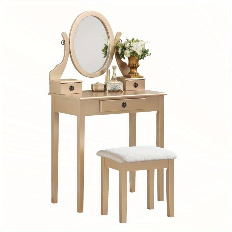 Glamorous Makeup Vanity Table and Stool Set in Golden Finish, Ideal for Bedroom, Dressing Room, Vanity Area, Elegant and Stylish, Perfect for Personal Grooming, Compact Design