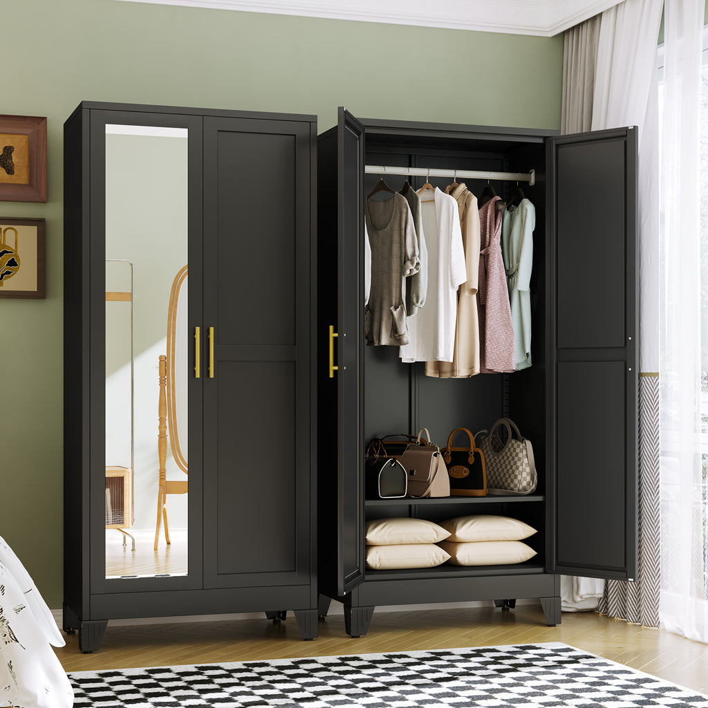 70.86-Inch Tall Mirror Wardrobe Featuring Adjustable Shelves And Storage Cabinets for Hanging Clothes, Ideal for Bedrooms, Laundry Areas, And Entryways.
