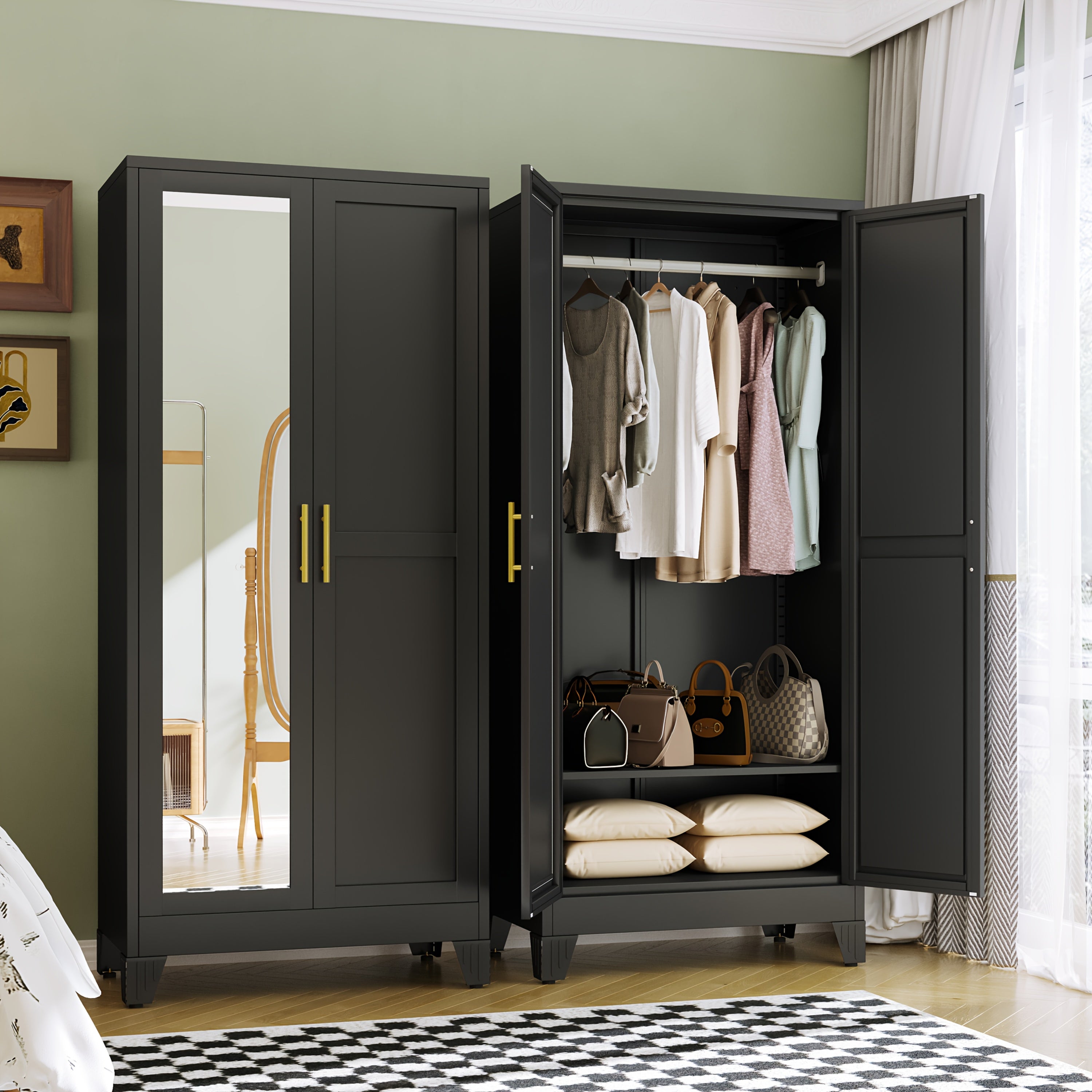 70.86-Inch Tall Mirror Wardrobe Featuring Adjustable Shelves And Storage Cabinets for Hanging Clothes, Ideal for Bedrooms, Laundry Areas, And Entryways.