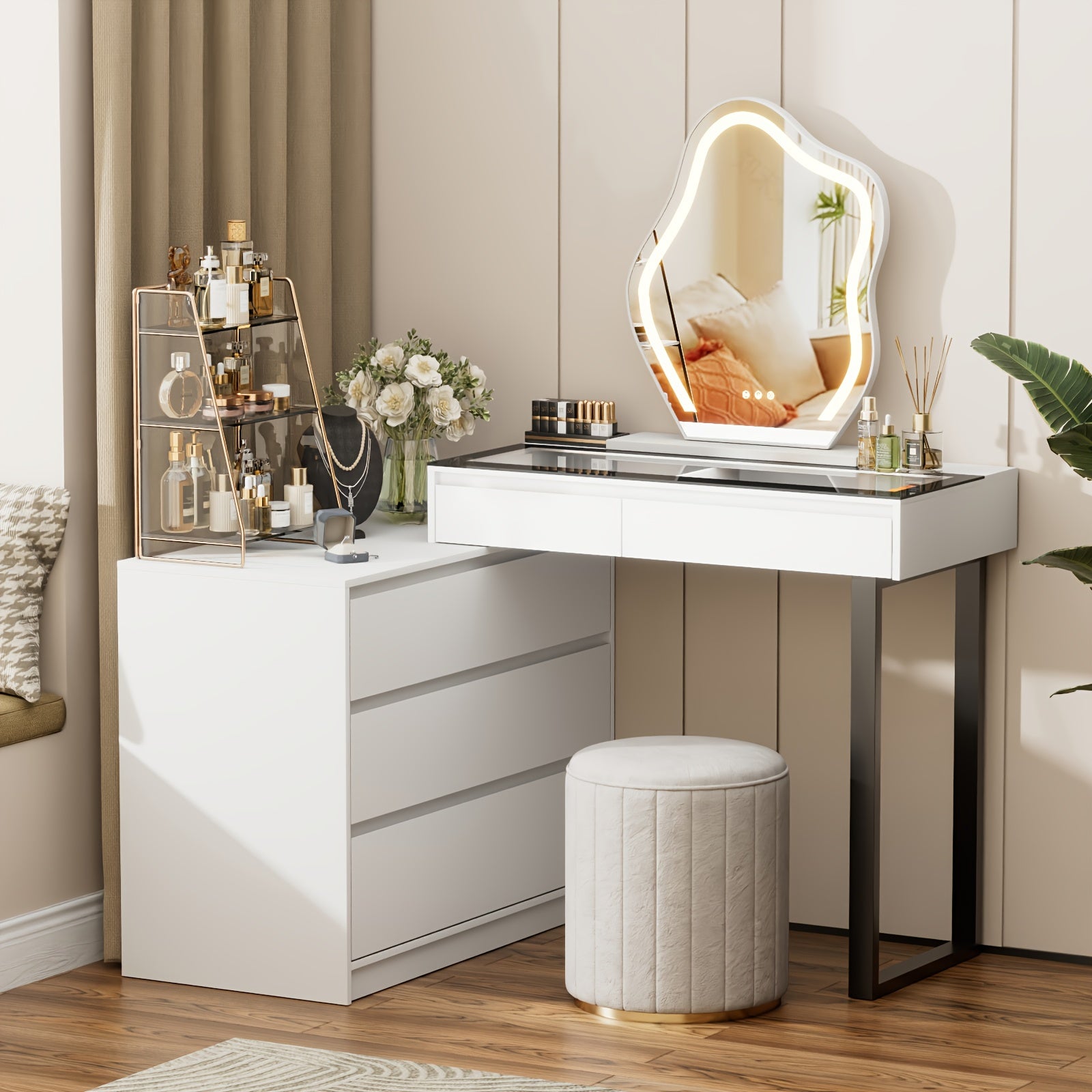 Corner Vanity Desk With Mirror And Lights, Makeup Table With Drawers & Jewelry Cabinet, 3 Color Led Lights & 5 Drawers Large Vanity With Storage, Bedroom, Dressing Table