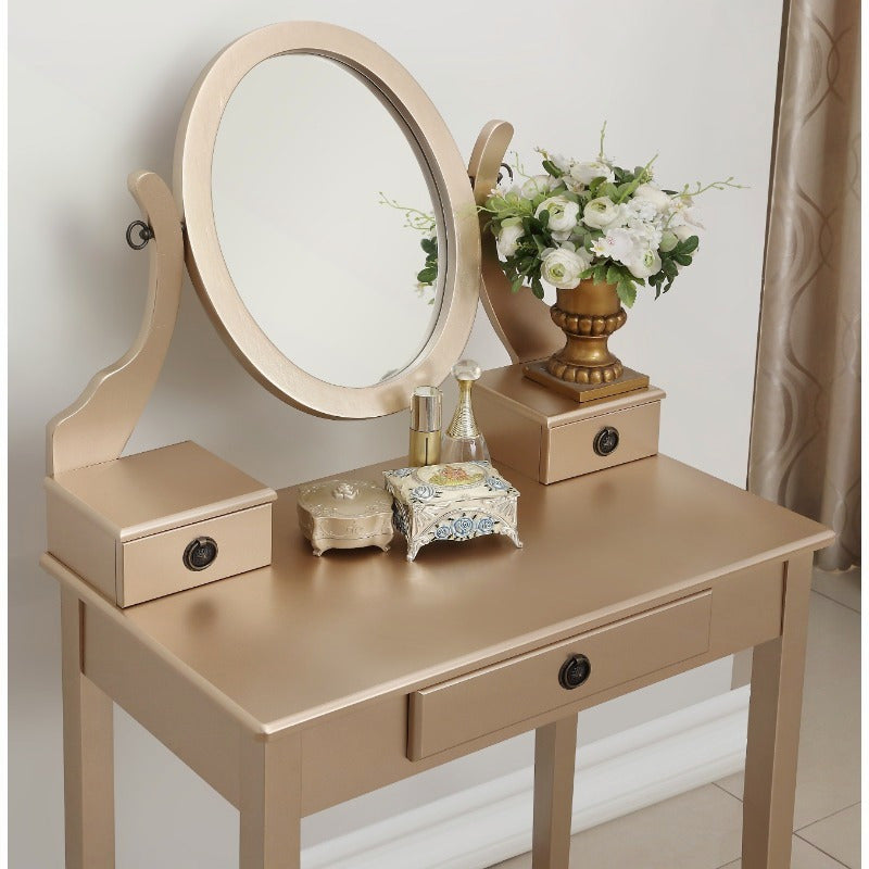 Glamorous Makeup Vanity Table and Stool Set in Golden Finish, Ideal for Bedroom, Dressing Room, Vanity Area, Elegant and Stylish, Perfect for Personal Grooming, Compact Design