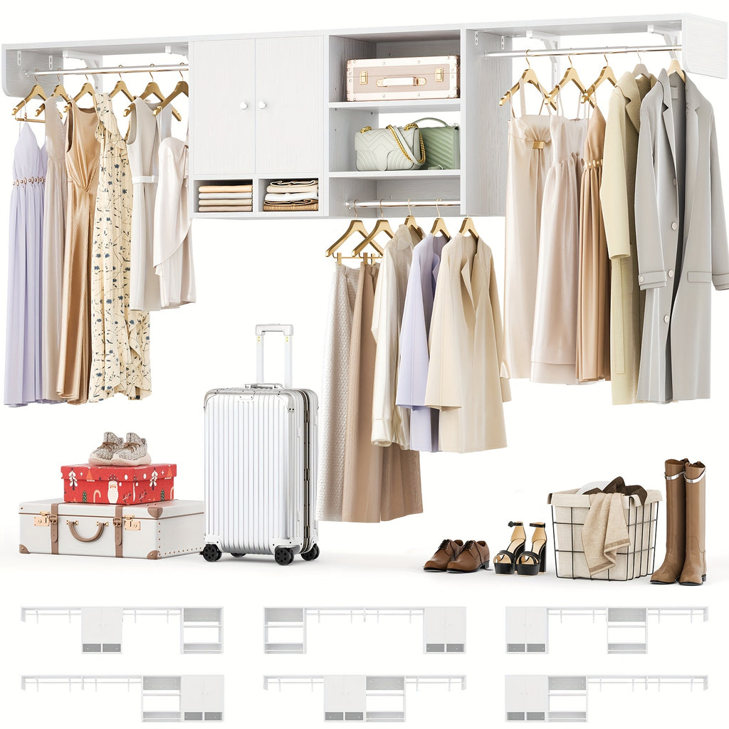 Unikito Wood Closet System with 3 Hanging Rods, 5-10ft Closet Organizer System with Wooden Cabinet & Cube Storage Organizer, Up to 118\