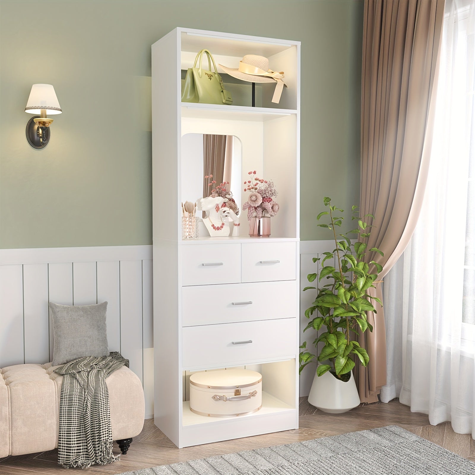 Unikito 25-Inch Wardrobe System Featuring Four Drawers, a 2-Foot Wooden Closet Organizer with Storage Shelves And a Mirror Design, a Robust Freestanding Walk-In Closet Tower for The Bedroom, Measuring 25\