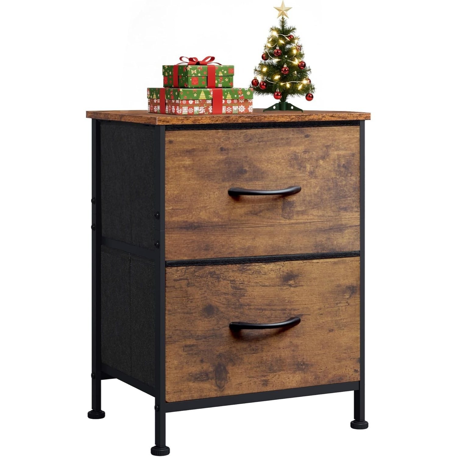 Night Stand, Small Dresser with 2 Drawers & Wooden Top, Nightstand with Fabric Bins, Bedside Table End Table for Bedroom, Closet, Entryway, College Dorm, Rustic Brown
