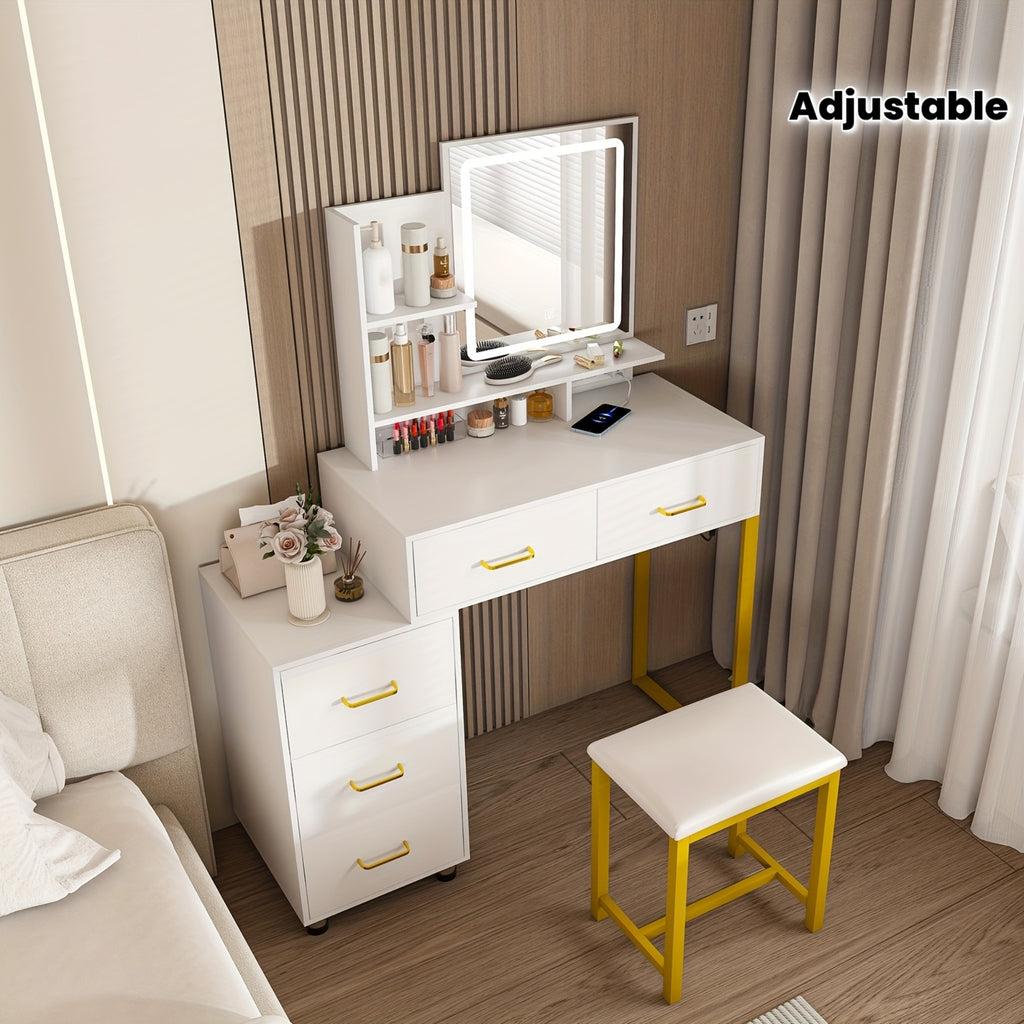 Montary Modern Dressing Table with Mirror And Light, Dressing Table with 5 Storage Drawers And Shelves, Dressing Table Set with Adjustable 3 Mode Lighting And Hairdryer Holder, White And Golden