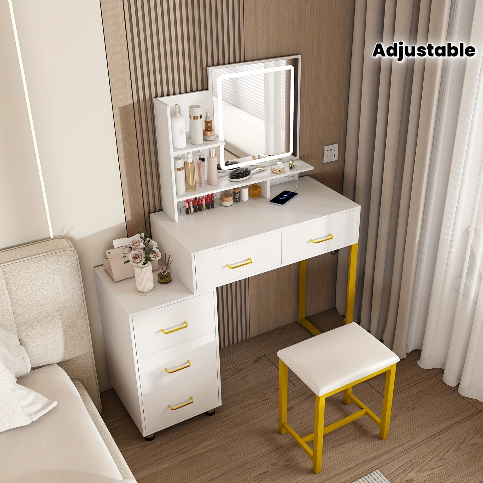Montary Modern Dressing Table with Mirror And Light, Dressing Table with 5 Storage Drawers And Shelves, Dressing Table Set with Adjustable 3 Mode Lighting And Hairdryer Holder, White And Golden