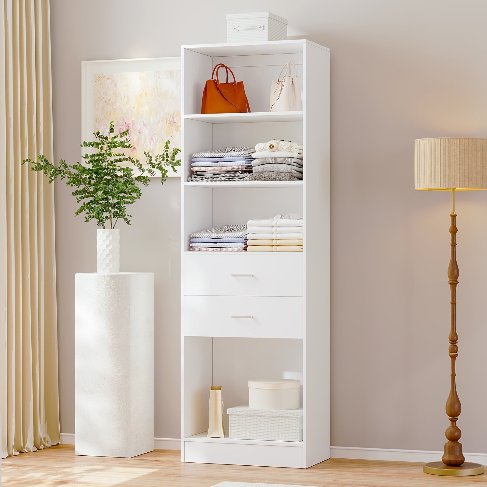 Modern Modular Closet System with Drawers, Hanging Rods & Shelves - MDF\u002FFiberboard Wardrobe Organizer Suitable for Entry, Bedroom, Living Room, Tall Storage Cabinet Unit with Hanging Space, Shelves & -Standing, Assembly
