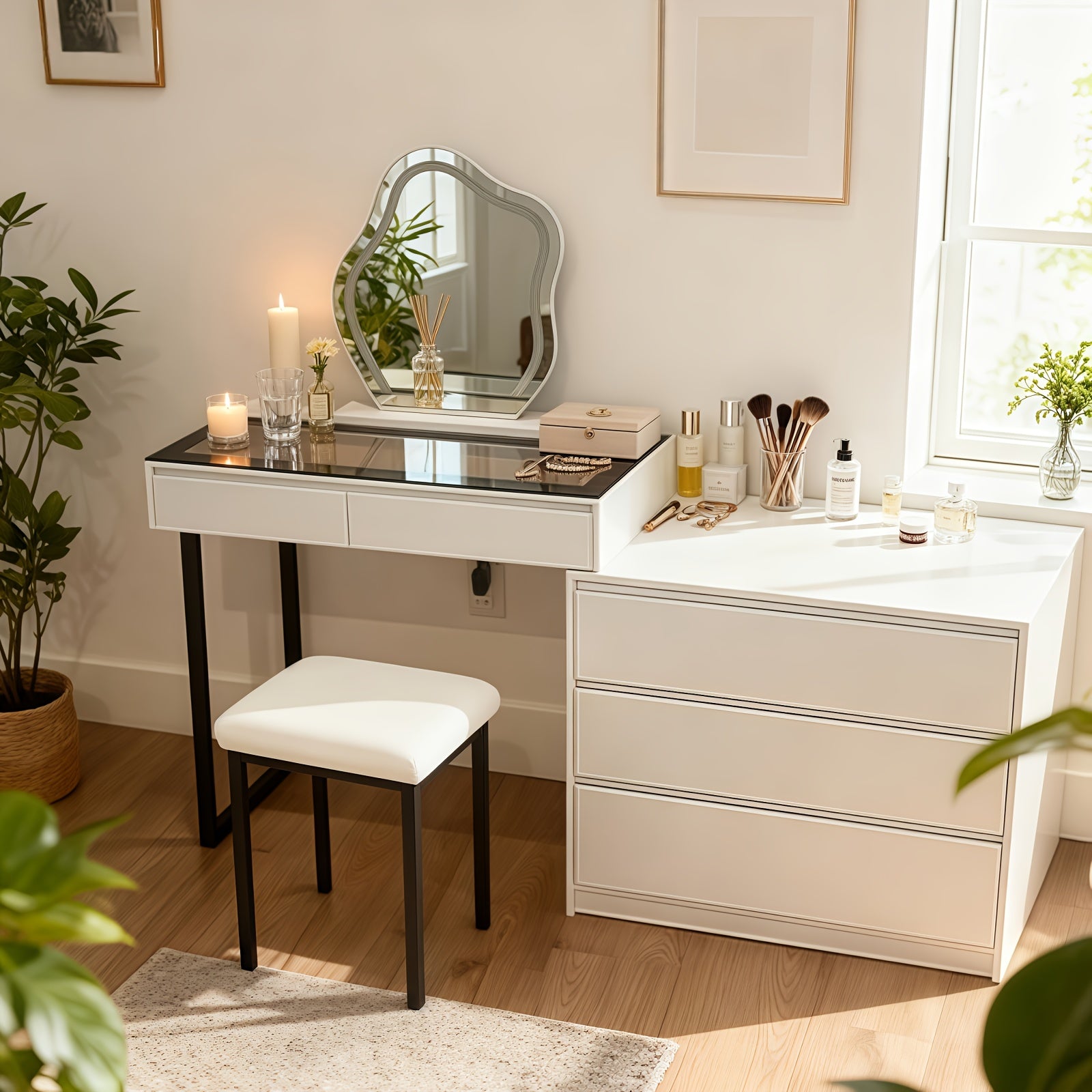 1pc Corner Vanity Table with Mirror And LED Lights - Farmhouse Style Makeup Dressing Table with Glass Top And 5 Drawers - Modern Vanity Desk with 3 Lighting Modes, White
