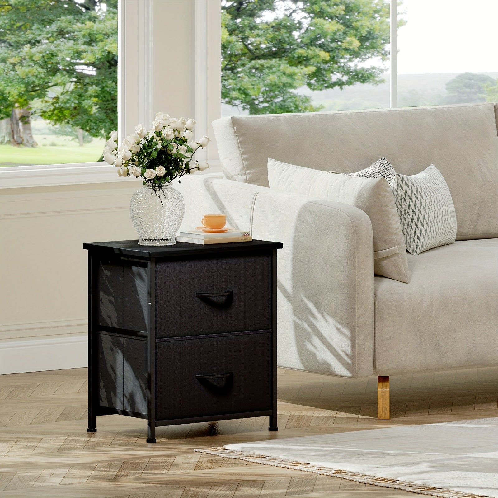 EUNOS Nightstand, Small Dresser For Bedroom With 2 Drawers, Bedside Table Night Stand End Table With Fabric Bins For Bedroom Closet Dorm Guest Room