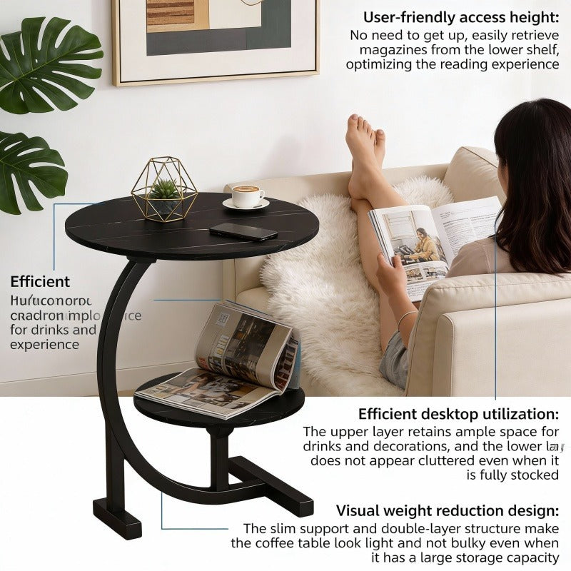 Modern Minimalist Wrought-iron Wooden Side Table with Marble Top. Space-saving Sofa\u002Fnightstand with Storage. Features Metal Frame and Crescent Base Design, Compact and Portable, Easy to Assemble. Ideal for Small Apartments, Living Rooms, Bedrooms.