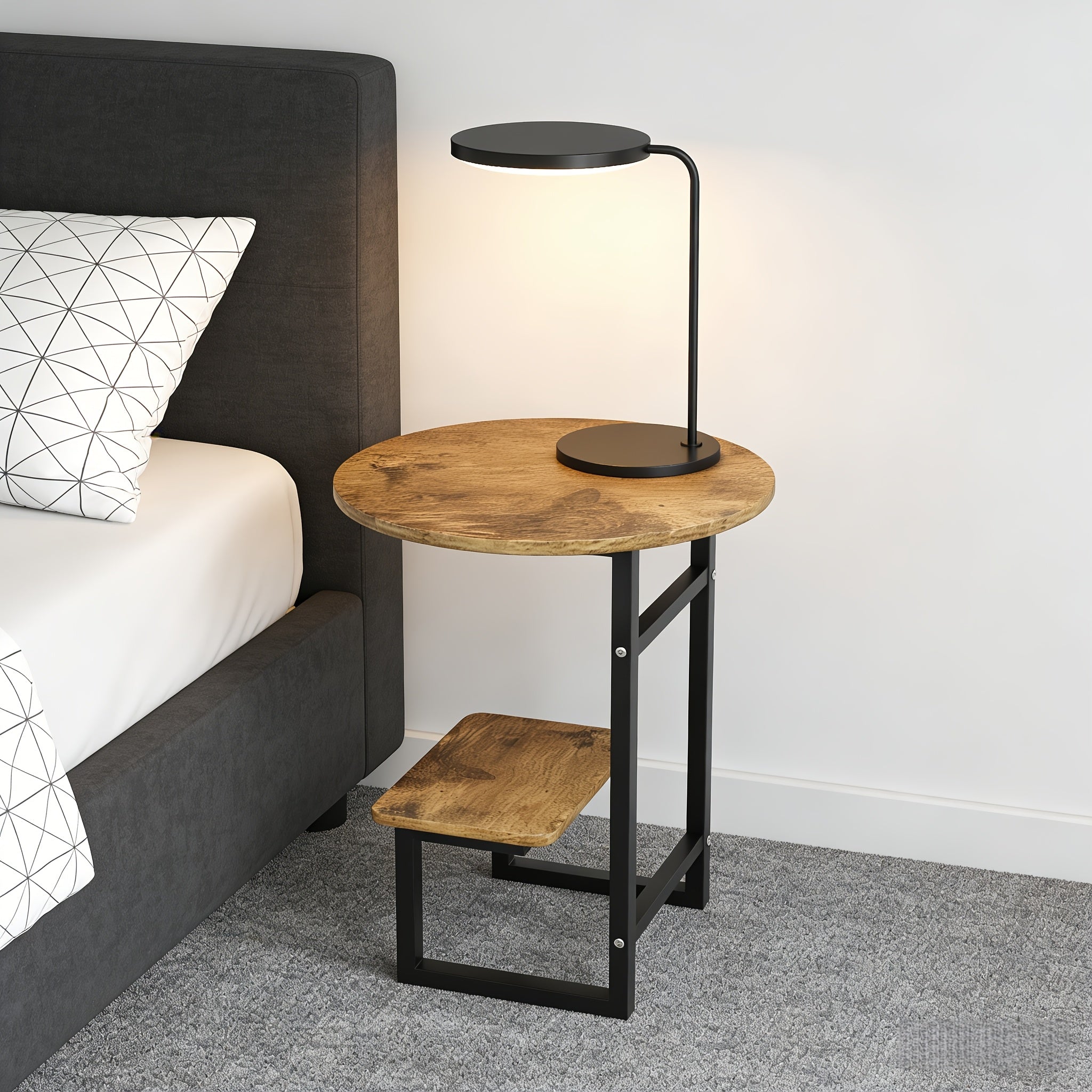 Contemporary Circular Bedside Table Featuring a Storage Shelf, with a White Marble Surface And a Black Metal Structure, Measuring 15.7 Inches in Diameter