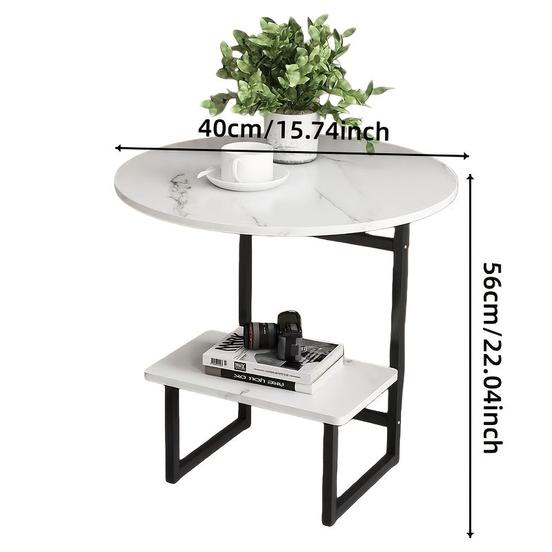 Contemporary Circular Bedside Table Featuring a Storage Shelf, with a White Marble Surface And a Black Metal Structure, Measuring 15.7 Inches in Diameter