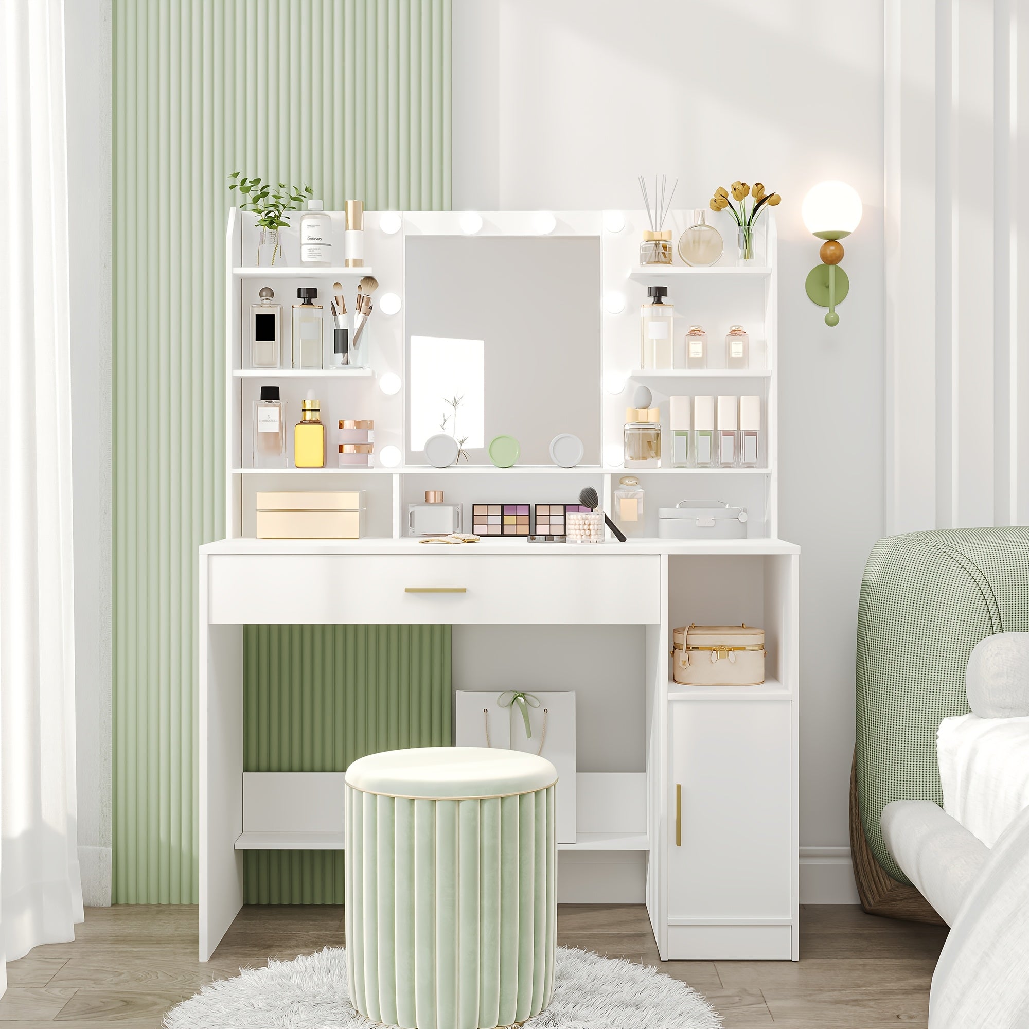 Vanity with Mirror and 10 LED Lights, 3-Level Adjustable Brightness, Dressing Table with Hidden & Open Shelves, Makeup Desk with Oversized Drawer Cabinet in White