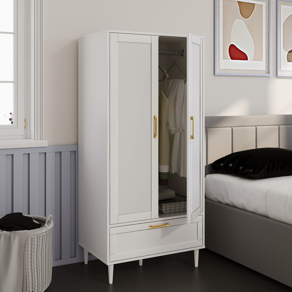 Modern Freestanding Wardrobe With Drawers, Double Doors, 60-Inch Large Capacity Storage Cabinet With Hanging Rod, Ideal For Bedroom Home Organization